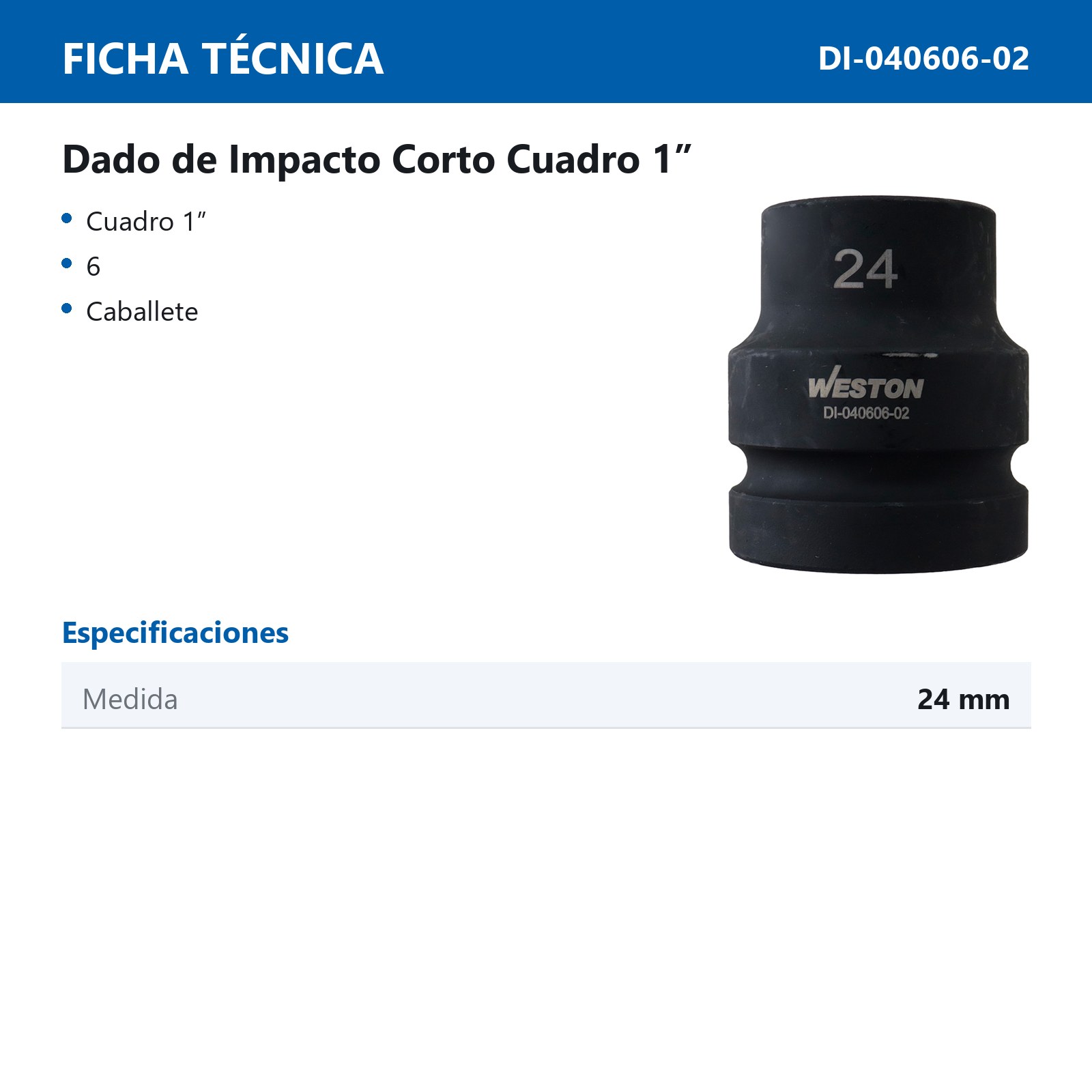 DADO DE IMPACTO CORTO CUADRO 1" 6 PUNTAS 24 MM - Imagen 4