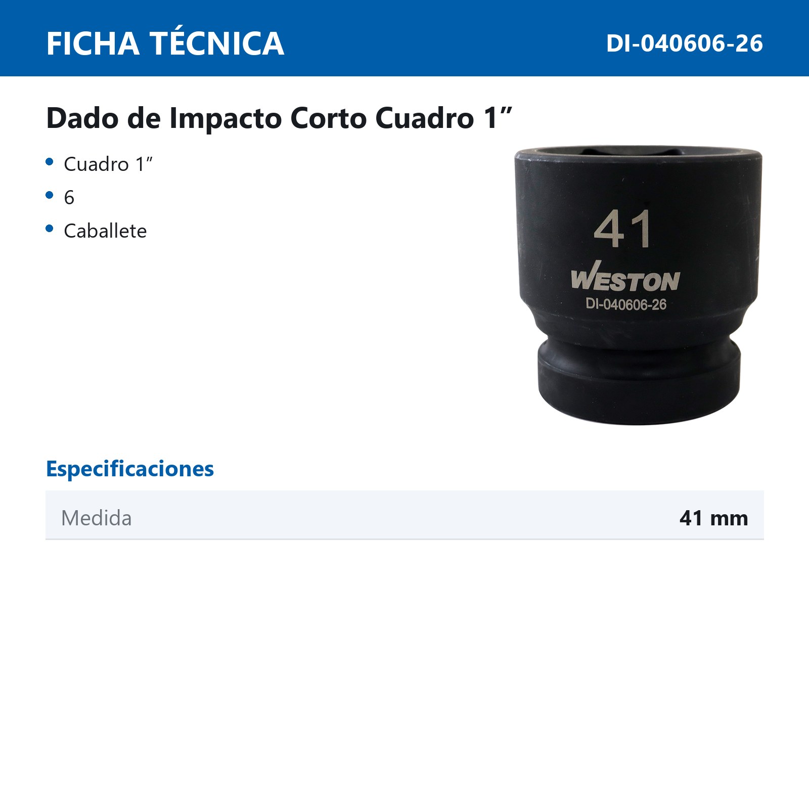 DADO DE IMPACTO CORTO CUADRO 1" 6 PUNTAS 41 MM - Imagen 3