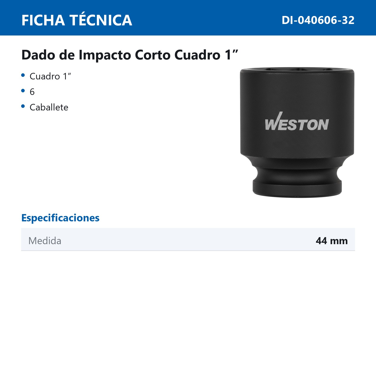 DADO DE IMPACTO CORTO CUADRO 1" 6 PUNTAS 44 MM - Imagen 2