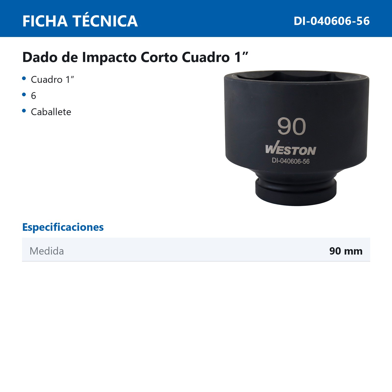 DADO DE IMPACTO CORTO CUADRO 1" 6 PUNTAS 90 MM - Imagen 4
