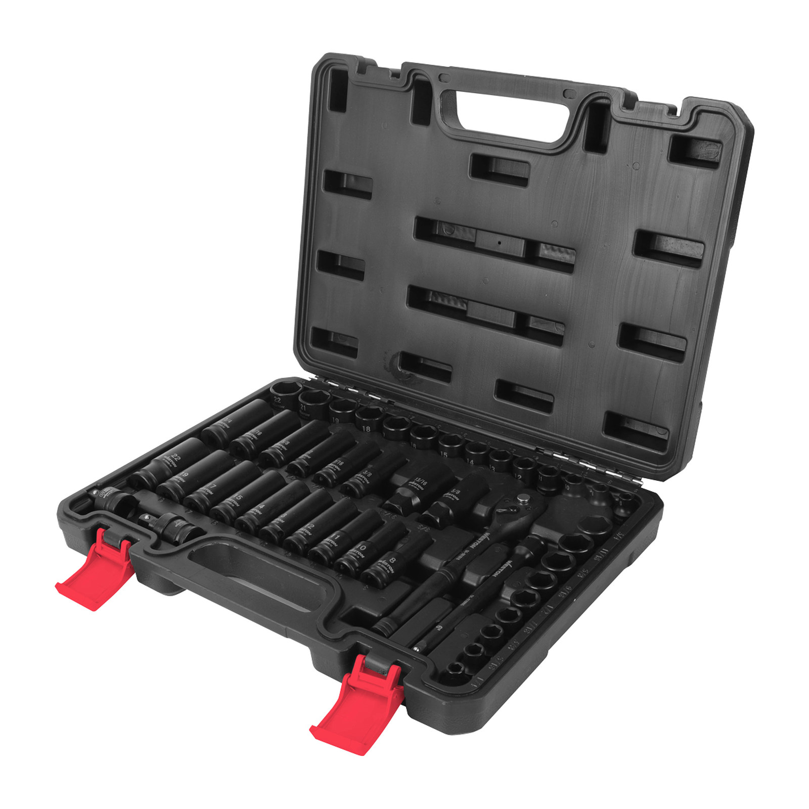 JGO. DE 45 DADOS DE IMPACTO CUADRO 3/8" FRACC. Y METRIC. C/ LLAVE DE MATRACA