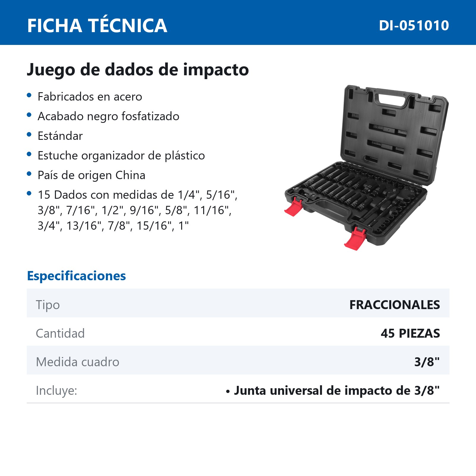 JGO. DE 45 DADOS DE IMPACTO CUADRO 3/8" FRACC. Y METRIC. C/ LLAVE DE MATRACA - Imagen 4