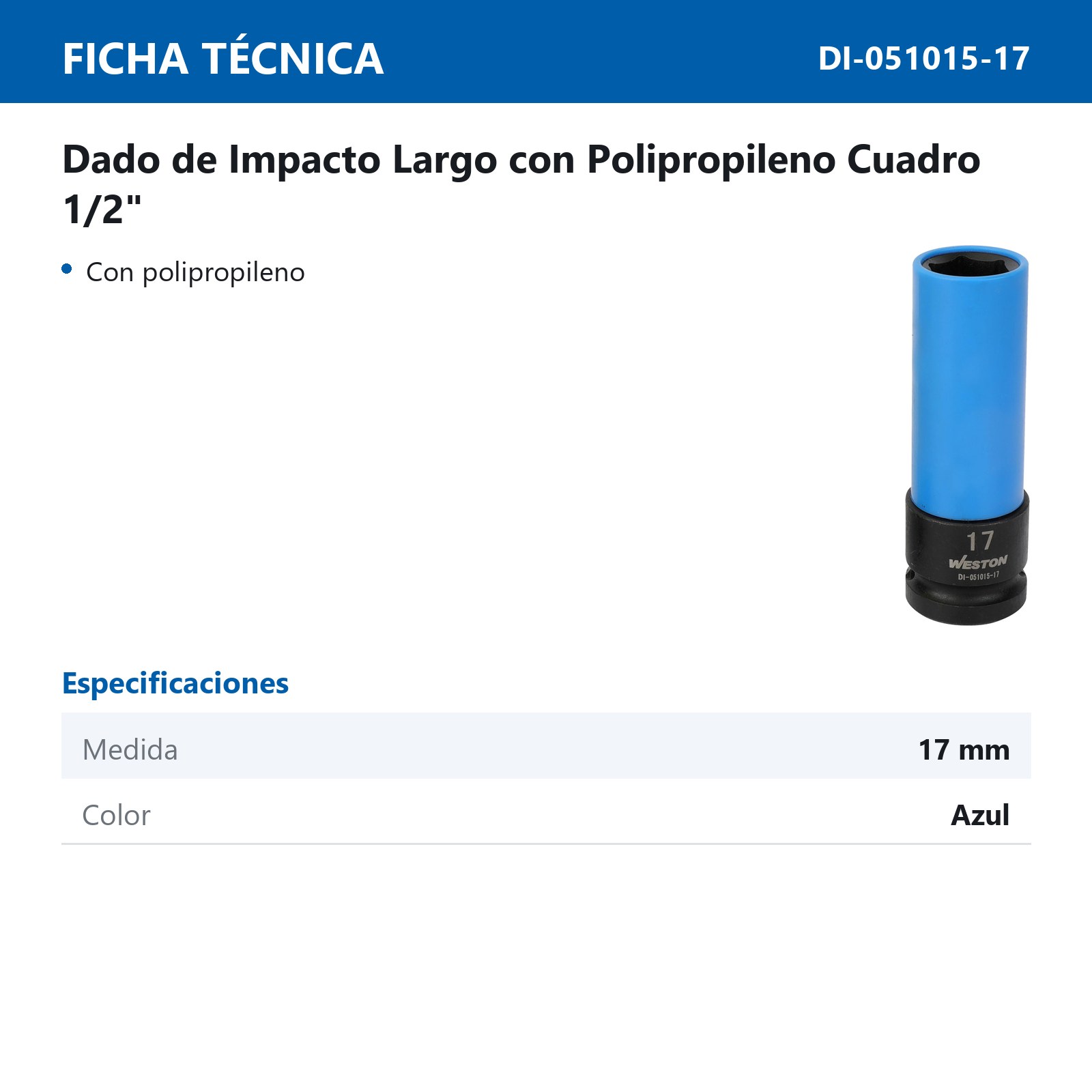 DADO DE IMPACTO LARGO CON PP CUADRO 1/2" 6 PUNTAS 17MM - Imagen 2