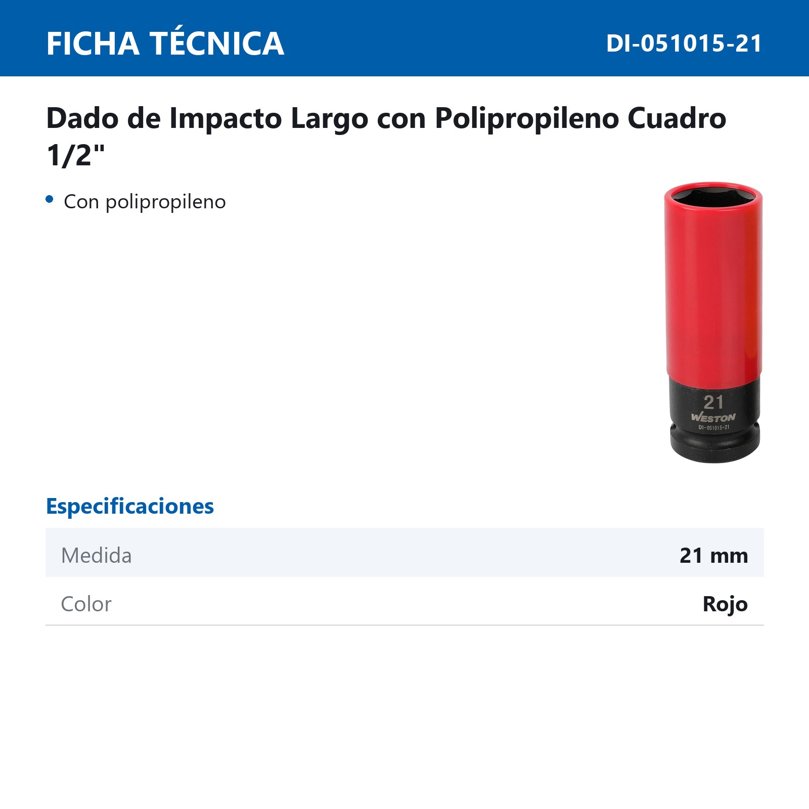 DADO DE IMPACTO LARGO CON PP CUADRO 1/2" 6 PUNTAS 21MM - Imagen 2