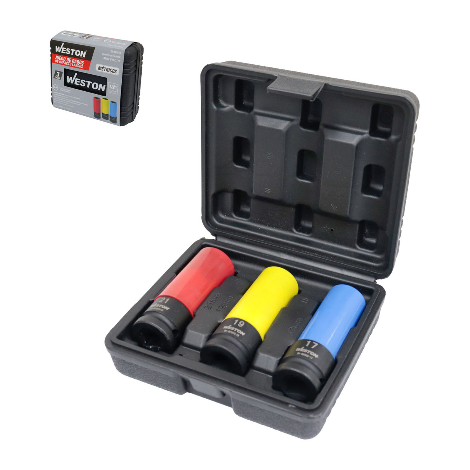 JGO. DE 3 DADOS DE IMPACTO LARGOS CUADRO 1/2" METRIC.
