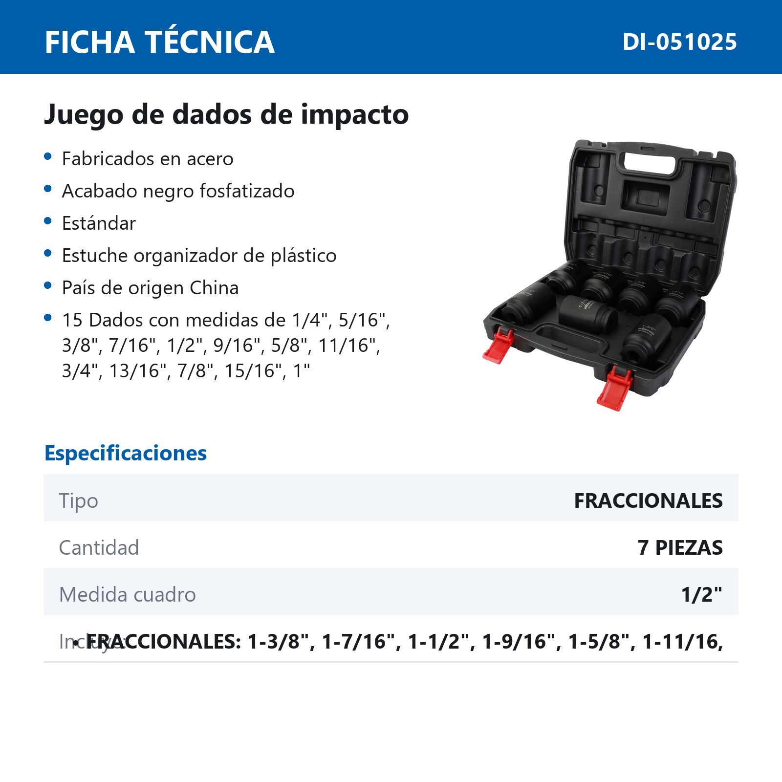 JGO. DE 7 DADOS DE IMPACTO EXTRA LARGO CUADRO 1/2" FRACC. - Imagen 3