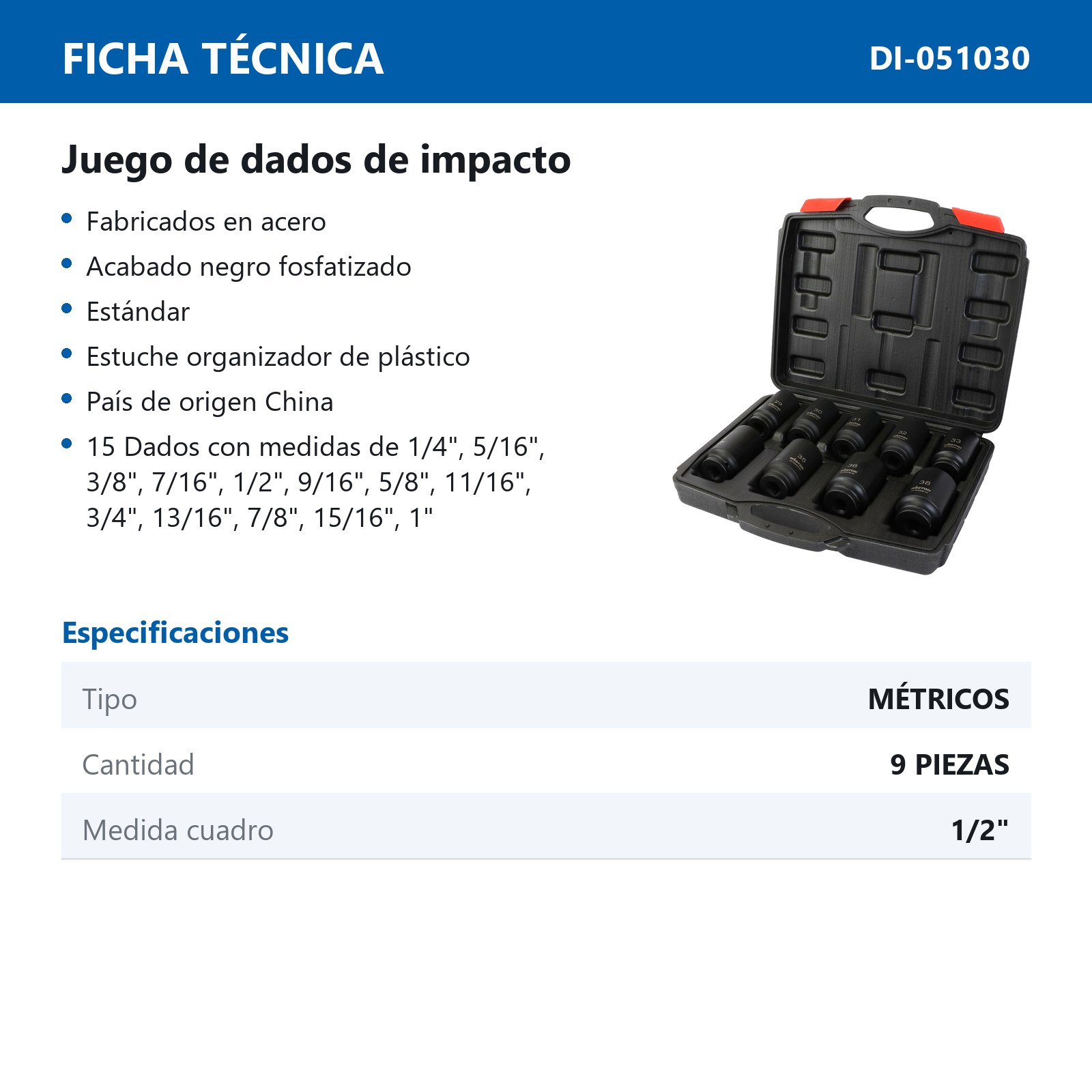 JGO. DE 9 DADOS DE IMPACTO LARGOS CUADRO 1/2" METRIC. - Imagen 4