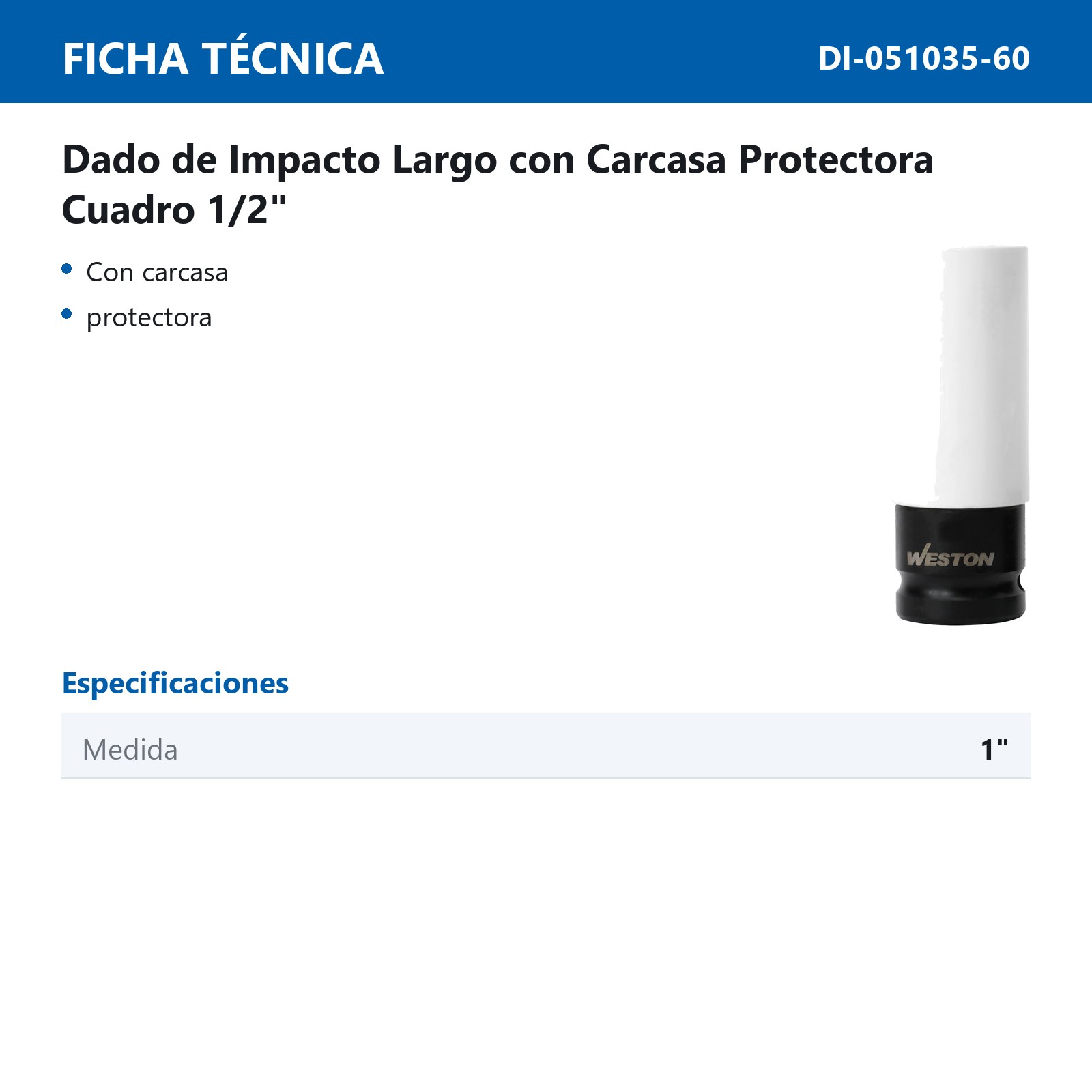 DADO DE IMPACTO LARGO CUADRO 1/2" C/CARCASA PROTECTORA 6 PUNTAS 1" - Imagen 2