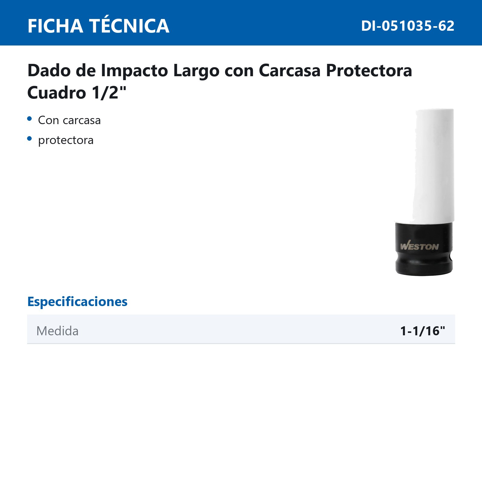 DADO DE IMPACTO LARGO CUADRO 1/2" C/CARCASA PROTECTORA 6 PUNTAS 1-1/16" - Imagen 2