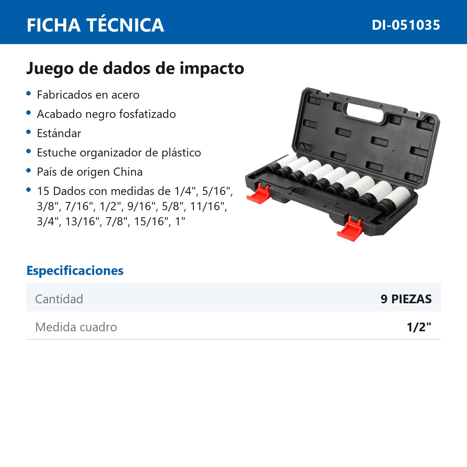 JGO. DE 9 DADOS DE IMPACTO LARGOS CUADRO 1/2" FRACC. Y METRIC. - Imagen 3