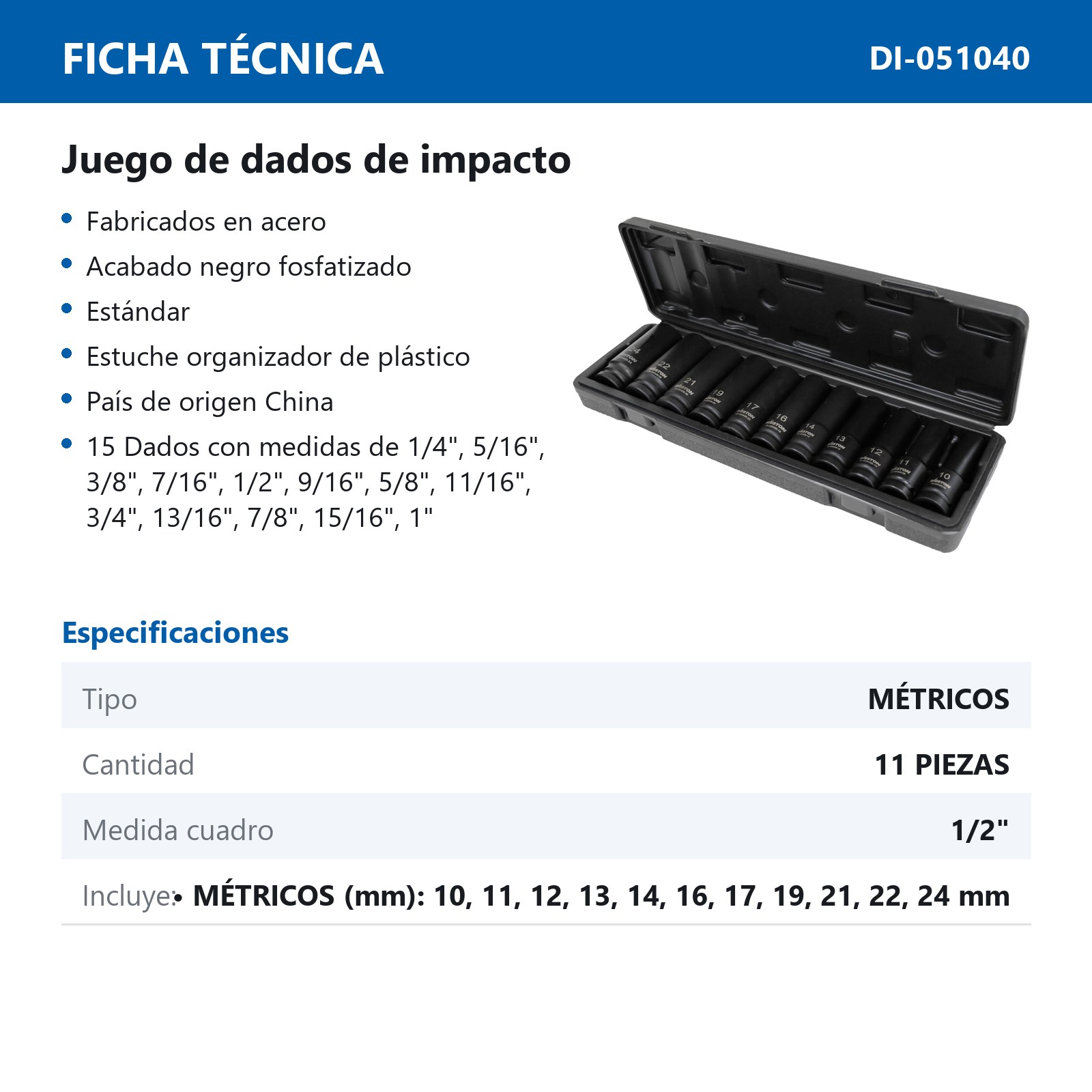 JGO. DE 11 DADOS DE IMPACTO LARGOS CUADRO 1/2" METRIC. - Imagen 4