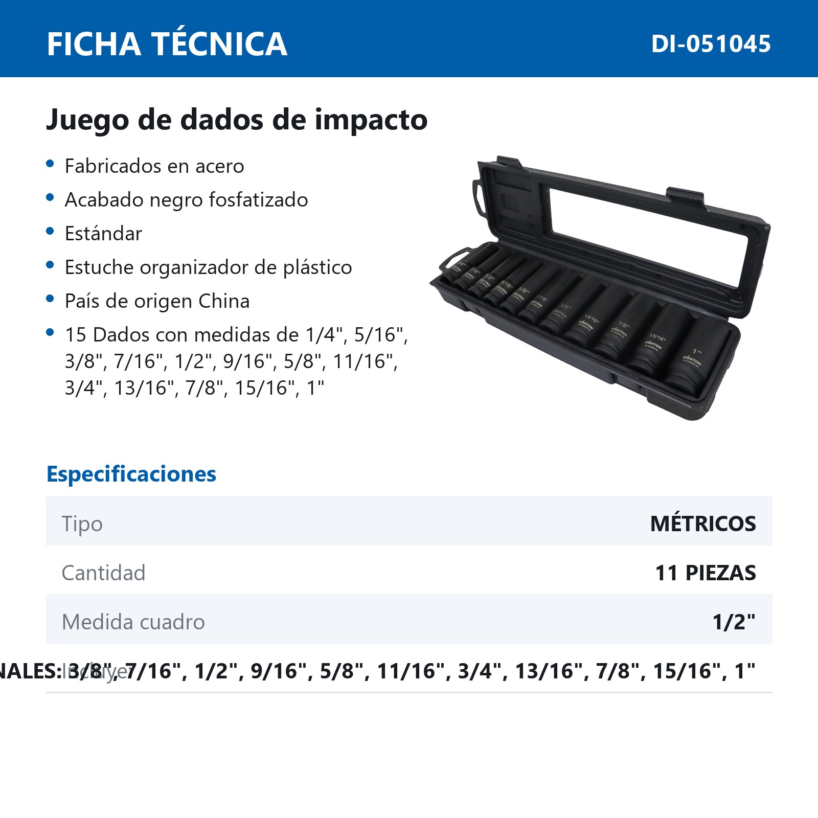 JGO. DE 11 DADOS DE IMPACTO LARGOS CUADRO 1/2" FRACC. - Imagen 4