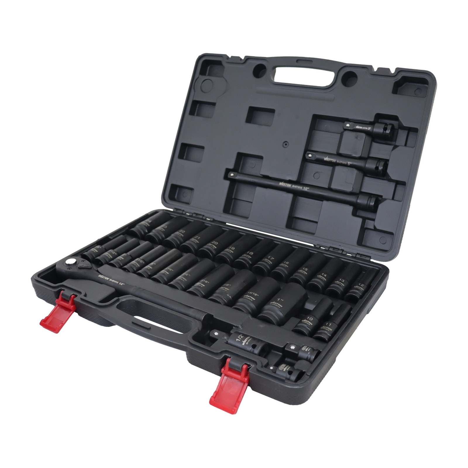 JGO. DE 33 DADOS DE IMPACTO LARGOS CUADRO 1/2" FRACC. Y METRIC. C/ LLAVE DE MATRACA