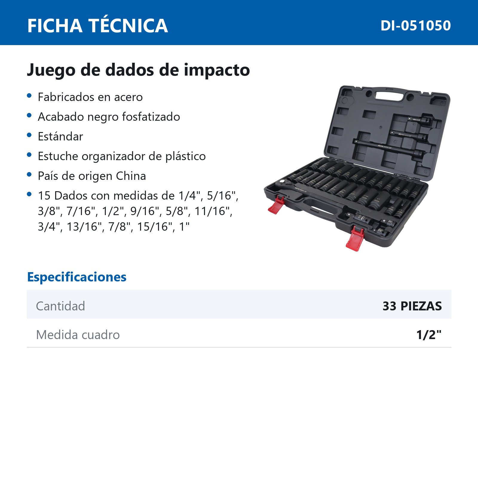 JGO. DE 33 DADOS DE IMPACTO LARGOS CUADRO 1/2" FRACC. Y METRIC. C/ LLAVE DE MATRACA - Imagen 4
