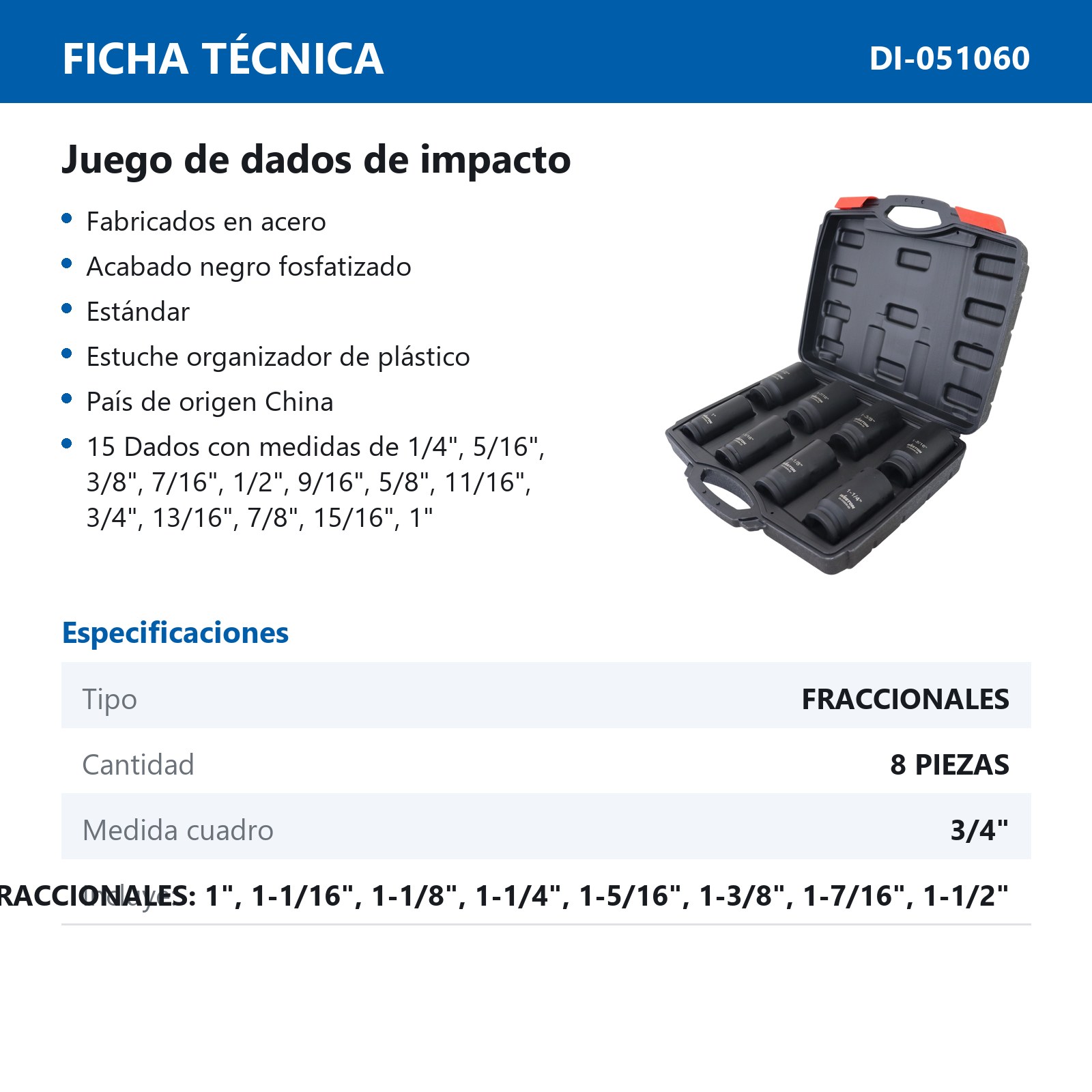 JGO. DE 8 DADOS DE IMPACTO LARGOS CUADRO 3/4" FRACC. - Imagen 4