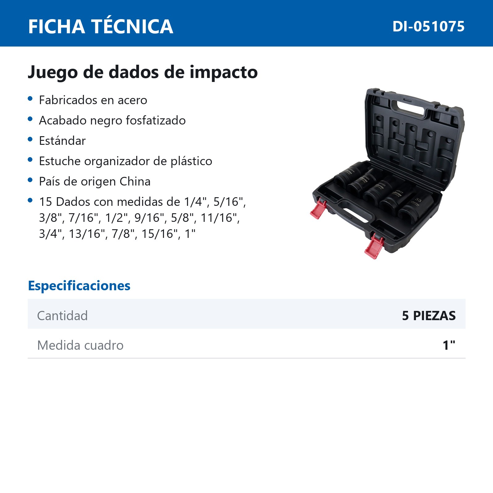 JGO. DE 5 DADOS DE IMPACTO PARA RUEDAS DE CAMION CUADRO 1" FRACC. Y METRIC. - Imagen 4