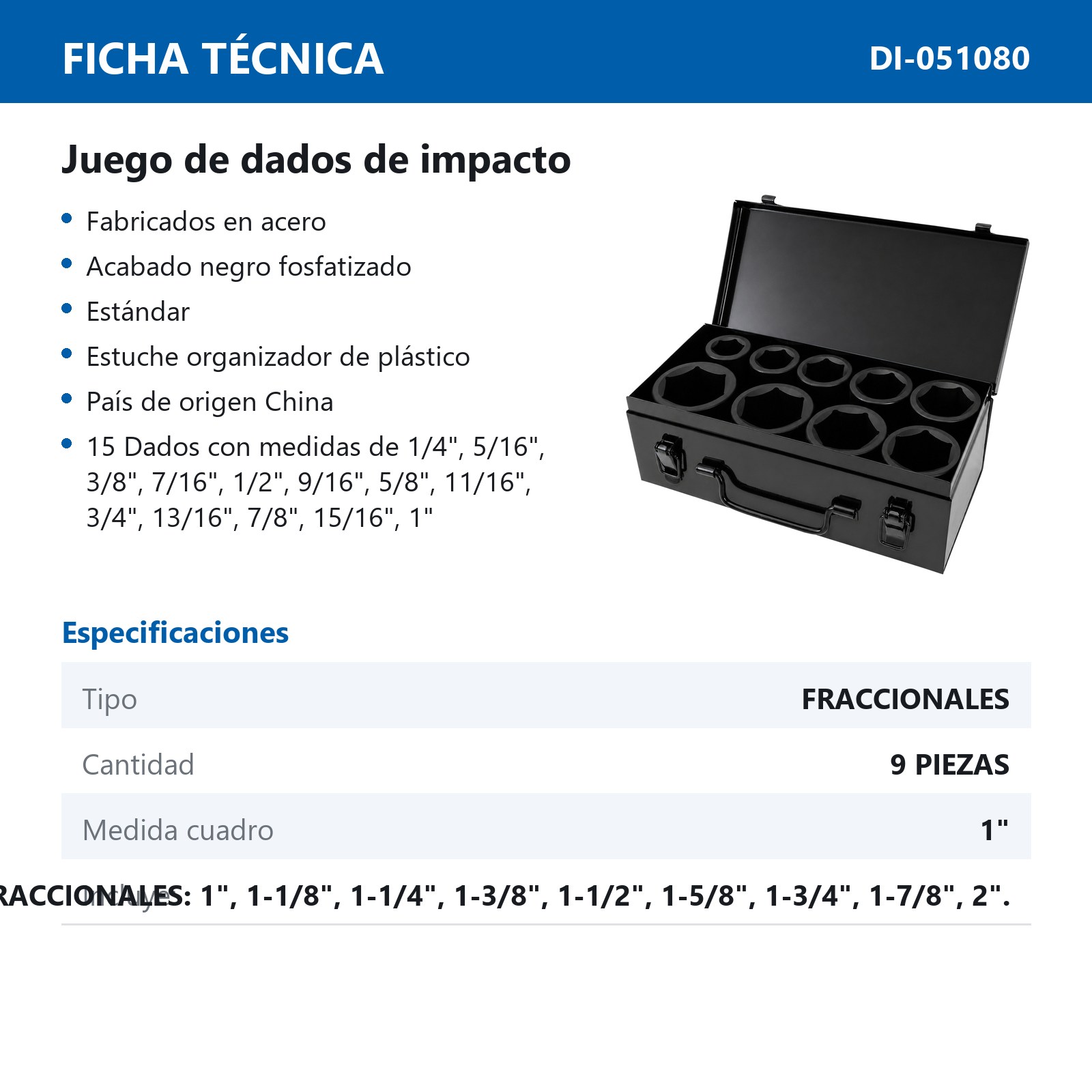 JGO. DE 9 DADOS DE IMPACTO LARGOS CUADRO 1" FRACC. - Imagen 4