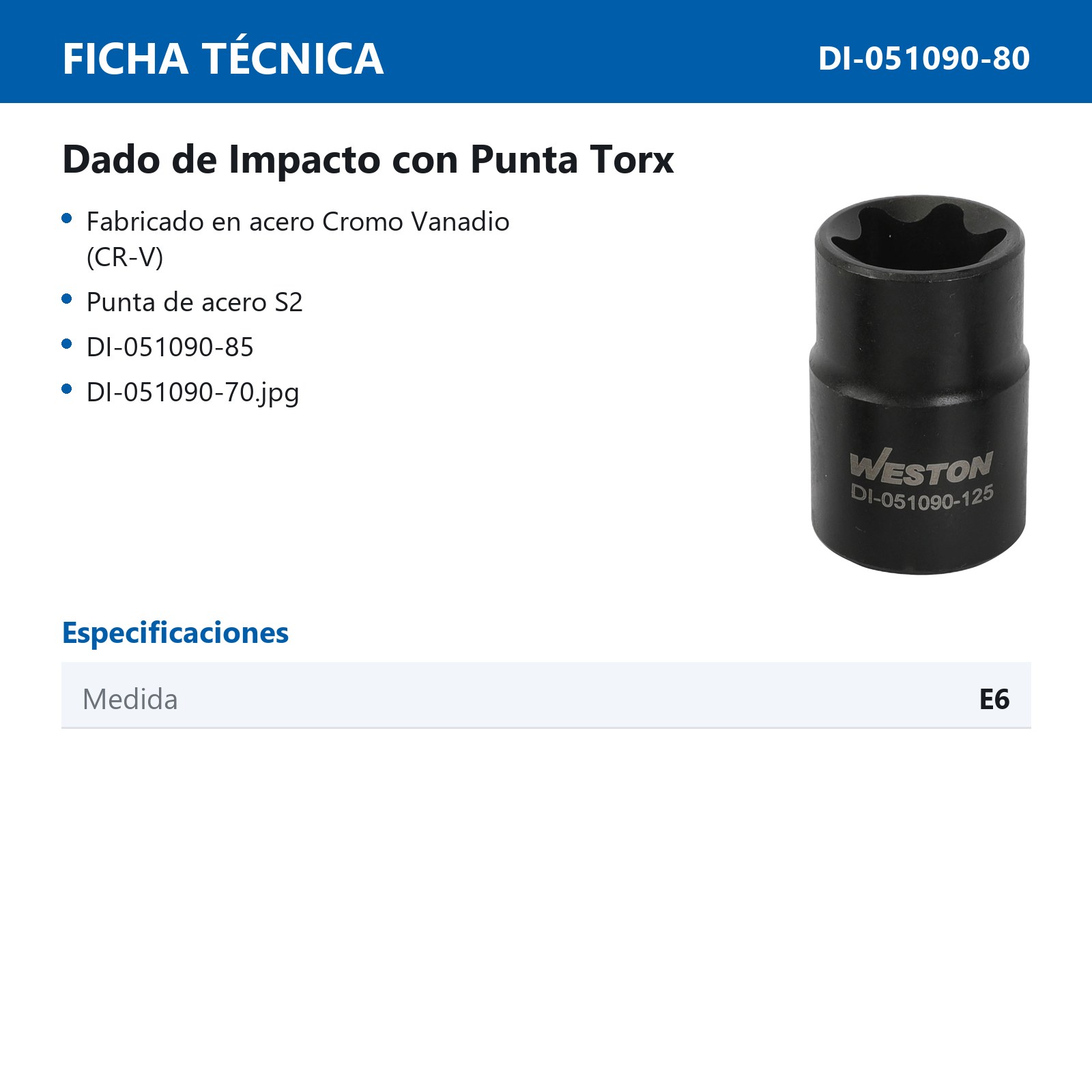 DADOS DE IMPACTO CUADRO 1/4" CON PUNTA TORX E6 - Imagen 2