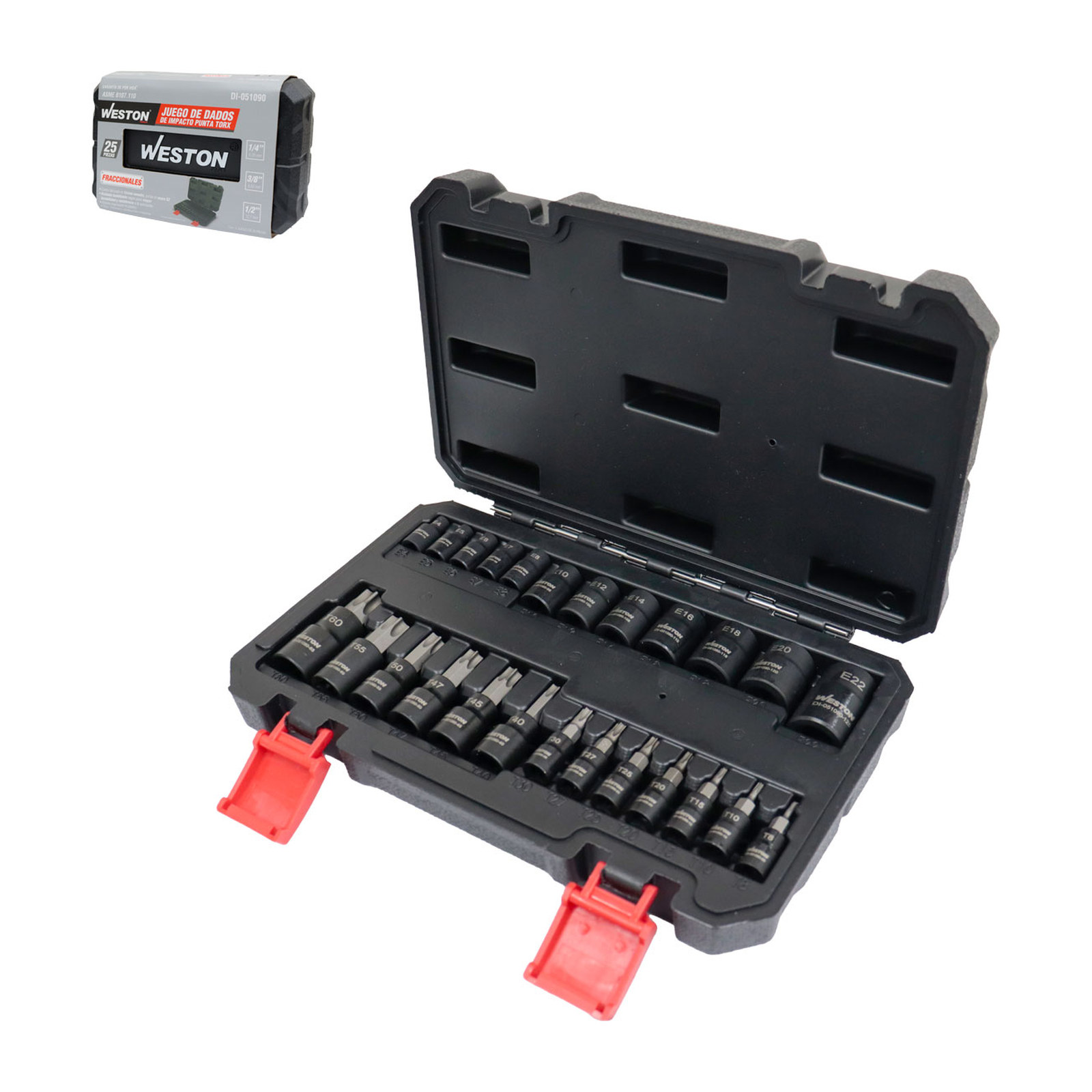 JGO. DE 25 DADOS DE IMPACTO CUADRO 1/4" 3/8" Y 1/2" PUNTA TORX