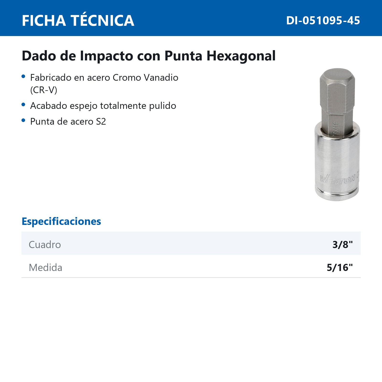 DADO  CUADRO 3/8" PUNTA HEXAGONAL 5/16" - Imagen 2