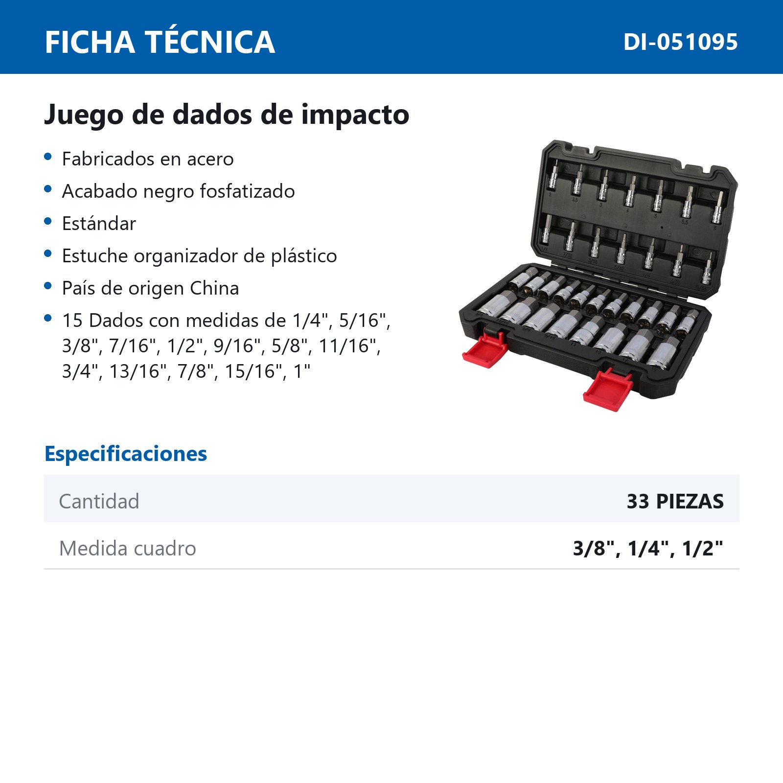 JGO. DE 33 DADOS DE IMPACTO CUADRO 1/4" 3/8" Y 1/2" PUNTA HEXAGONALE FRACC. Y METRIC. - Imagen 4