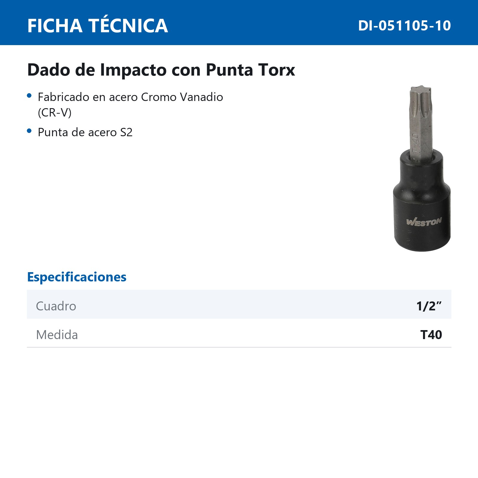 DADO DE IMPACTO CUADRO 1/2" PUNTA TORX T40 - Imagen 2