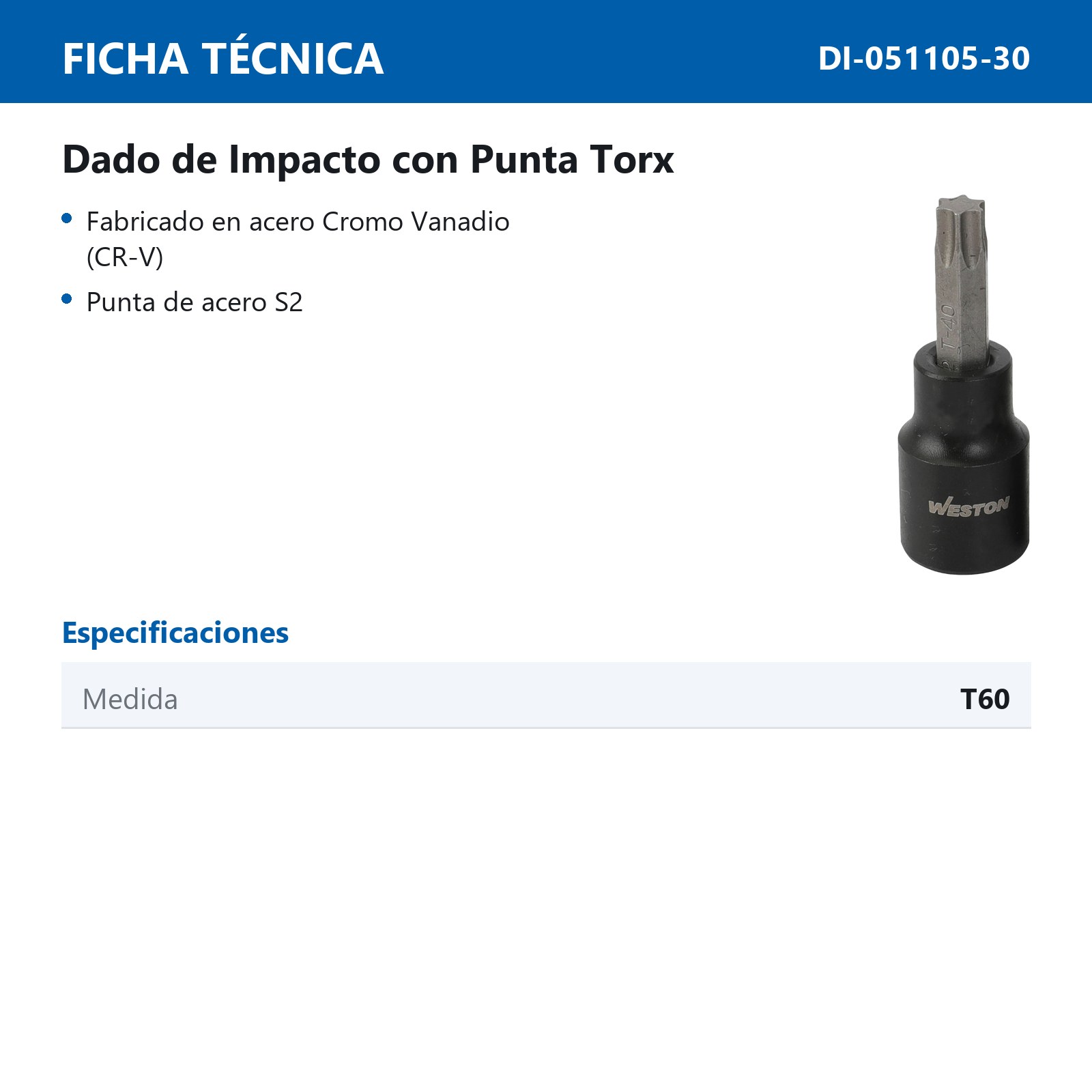 DADO DE IMPACTO CUADRO 1/2" PUNTA TORX T60 - Imagen 2