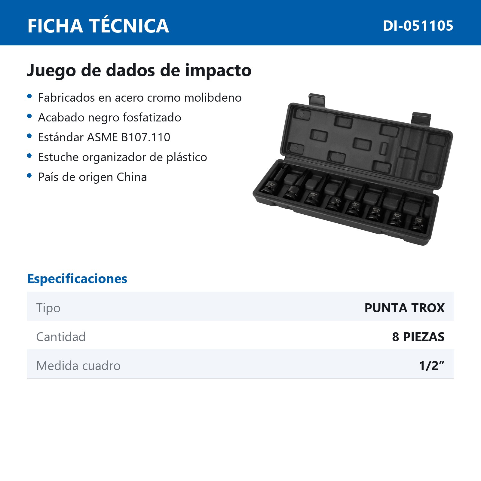 JGO. DE 8 DADOS DE IMPACTO CUADRO 1/2" PUNTA TORX - Imagen 3