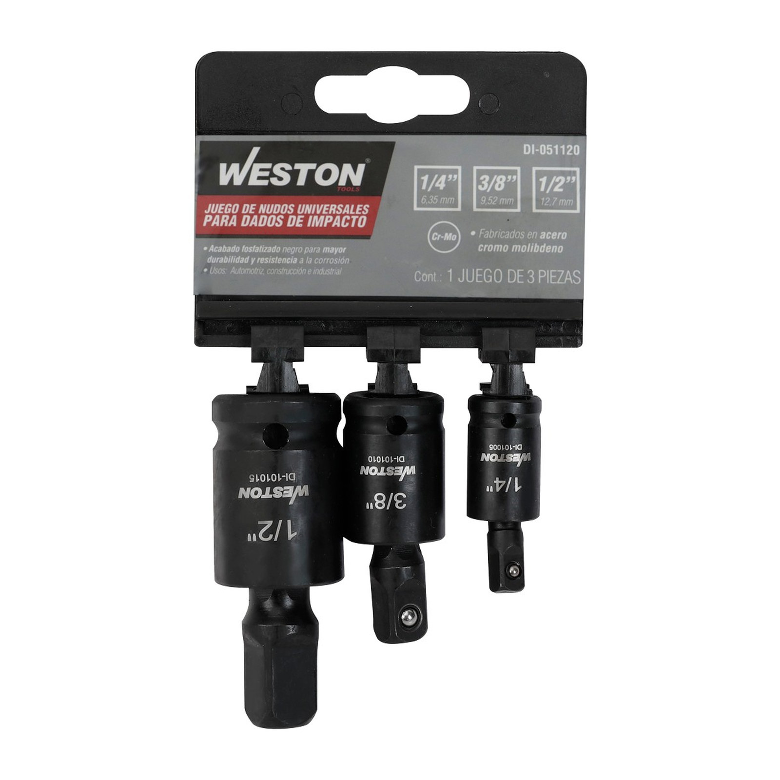 JGO. DE 3 NUDOS UNIVERSALES PARA DADOS DE IMPACTO CUADRO 1/4" 3/8" Y 1/2"