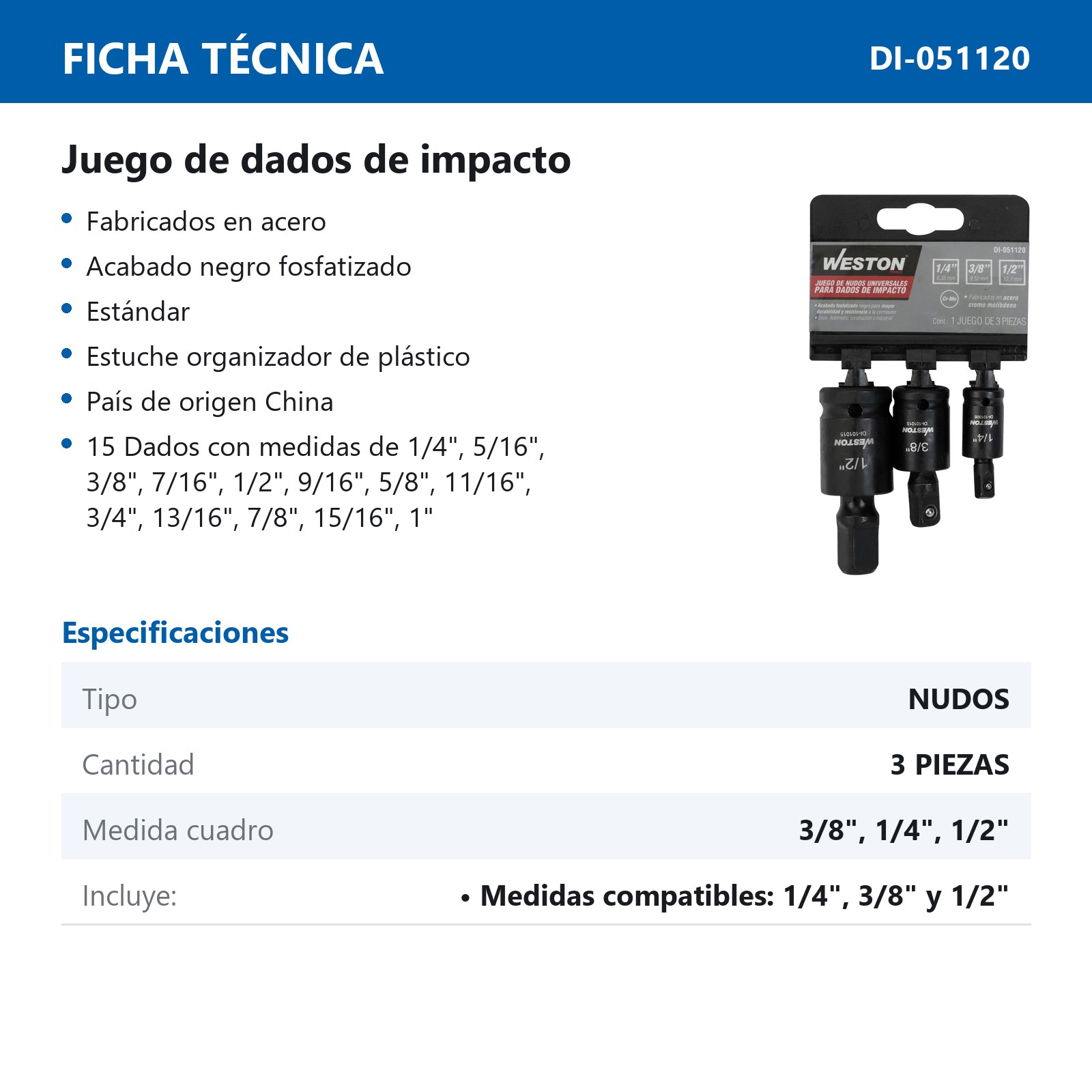 JGO. DE 3 NUDOS UNIVERSALES PARA DADOS DE IMPACTO CUADRO 1/4" 3/8" Y 1/2" - Imagen 3