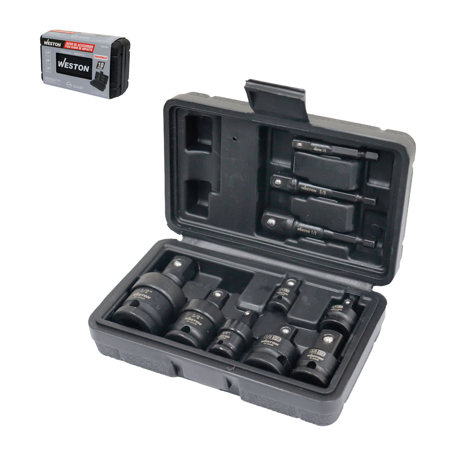 JGO. DE 10 ACCESORIOS PARA DADOS DE IMPACTO CUADRO 1/4" 3/8" Y 1/2"
