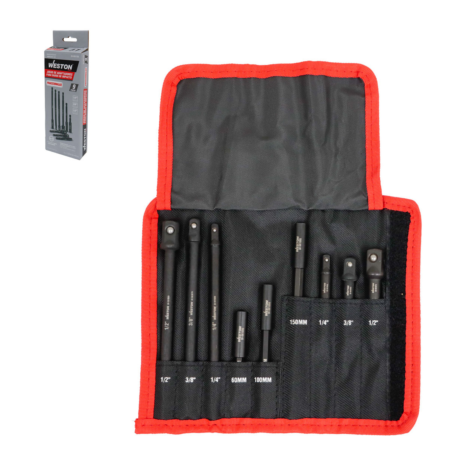 JGO. DE 9 ADAPTADORES PARA DADOS DE IMPACTO CUADRO 1/4" 3/8" Y 1/2"