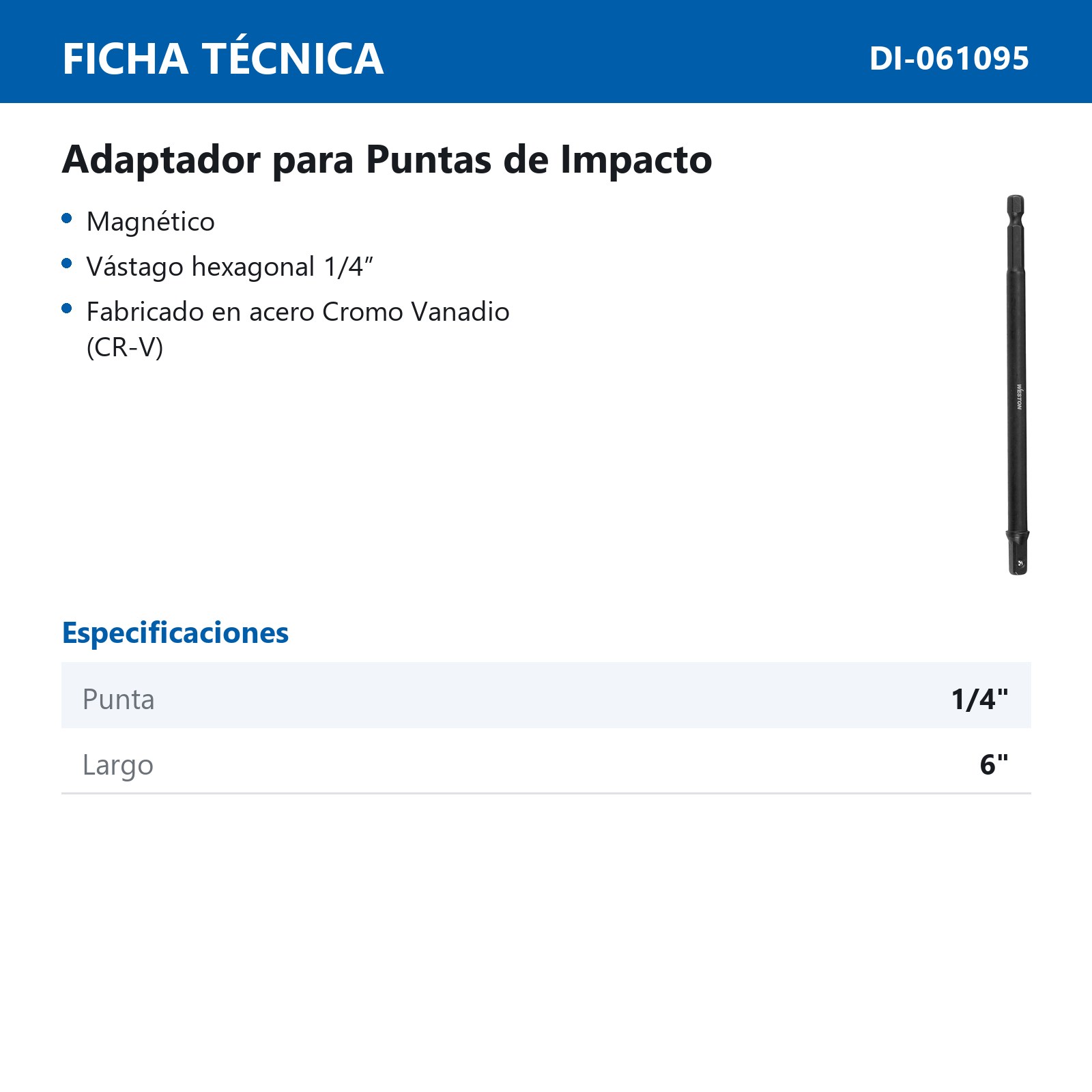ADAPTADOR DE IMPACTO P/PUNTAS MAGNETICO DE 1/4" VASTAGO HEXAGONAL 1/4" X 6" LARGO - Imagen 2
