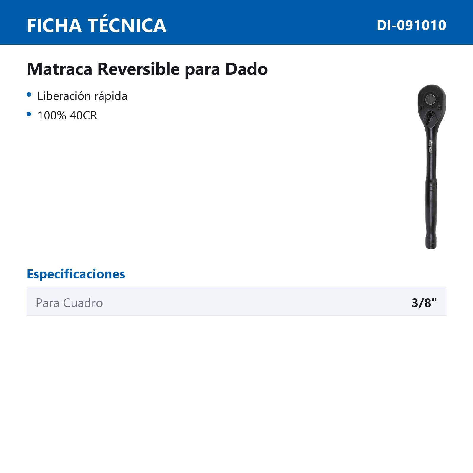 MATRACA REVERSIBLE LIBERACION RAPIDA 72 DIENTES P/DADO CUADRO 3/8" - Imagen 2