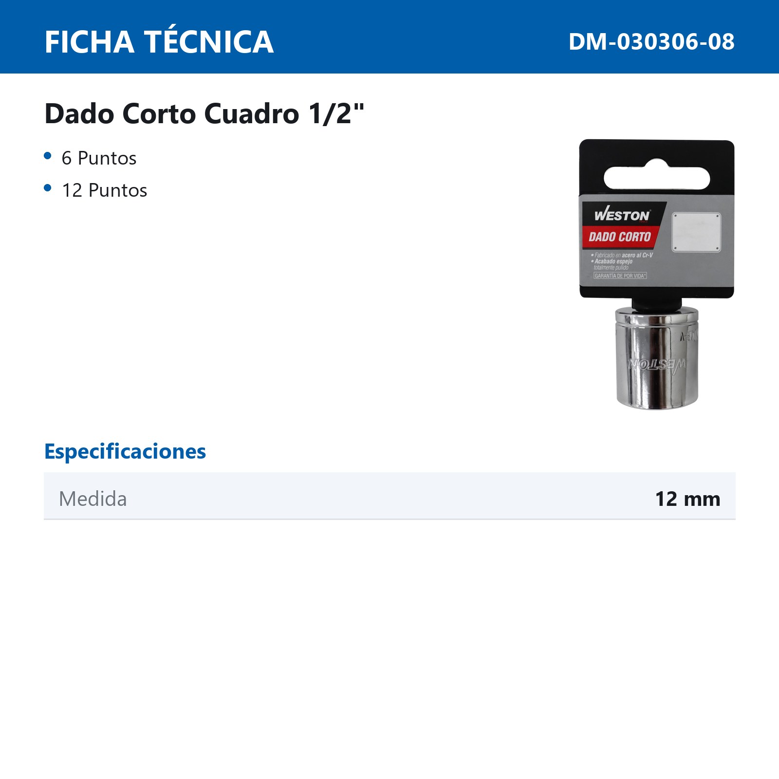 DADO CORTO CUADRO 1/2" 6 PUNTAS, 13MM - Imagen 2