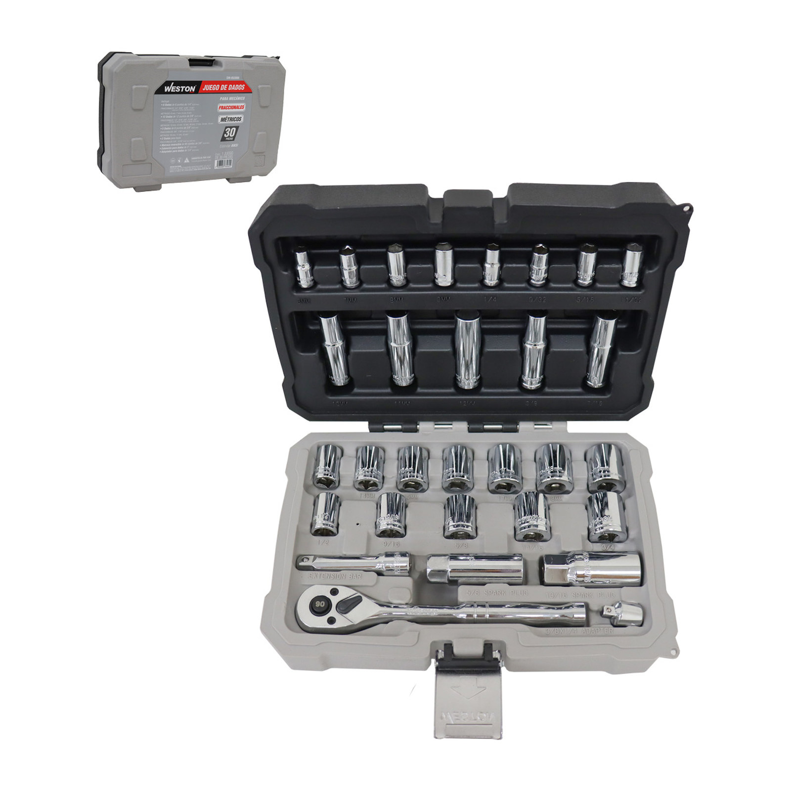 Juego de 30 Dados Cuadro 1/4" y 3/8" Fraccional y Métrico para Mecánico Weston