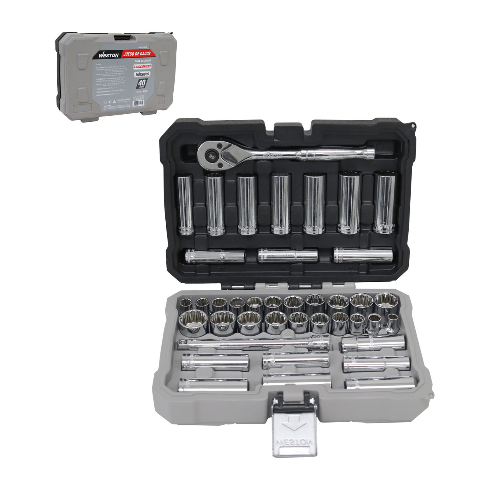 Juego de 40 Dados Cuadro 3/8" Fraccional y Métrico para Mecánico WESTON