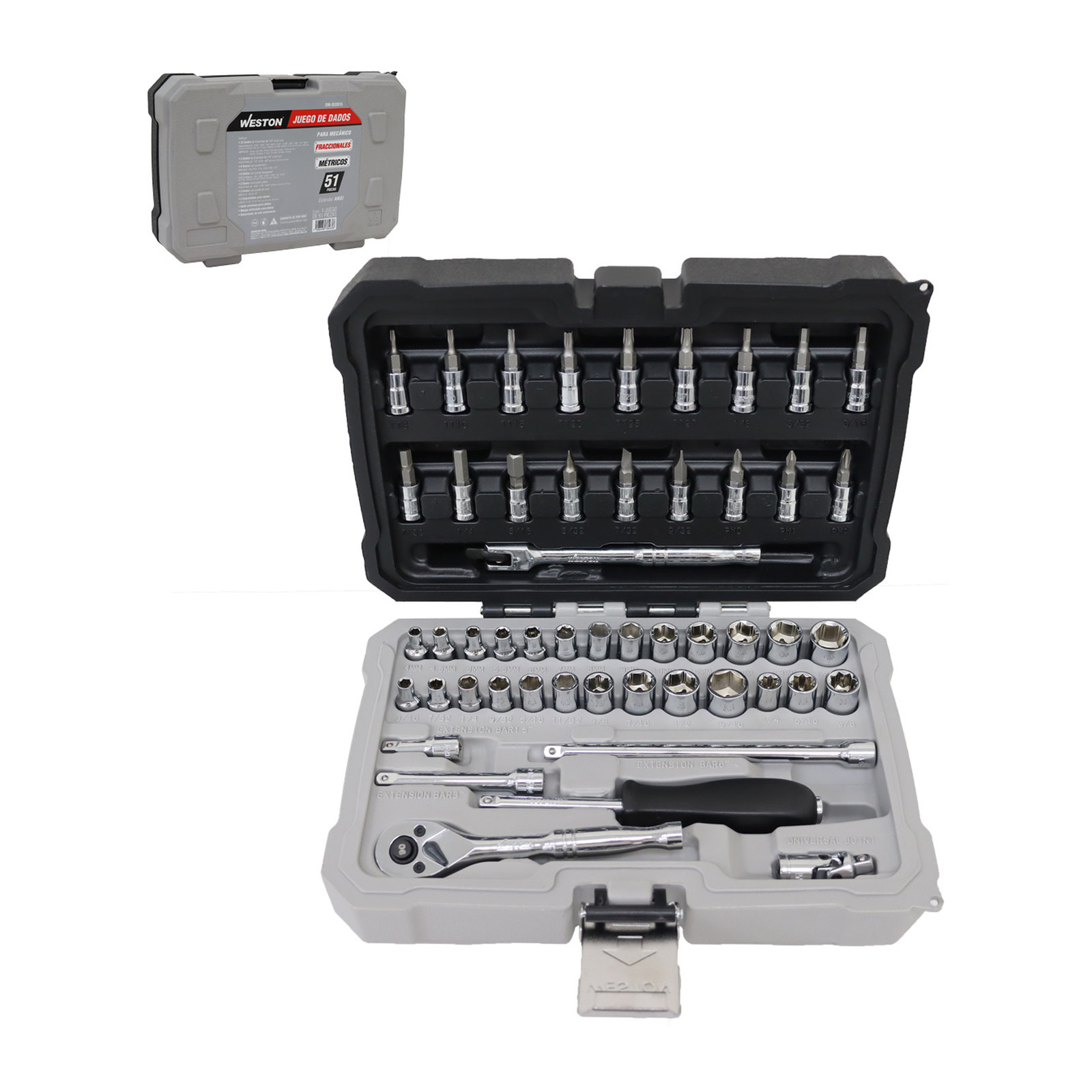 Juego de 51 Dados Cuadro 1/4" Fraccional y Métrico para Mecánico Weston