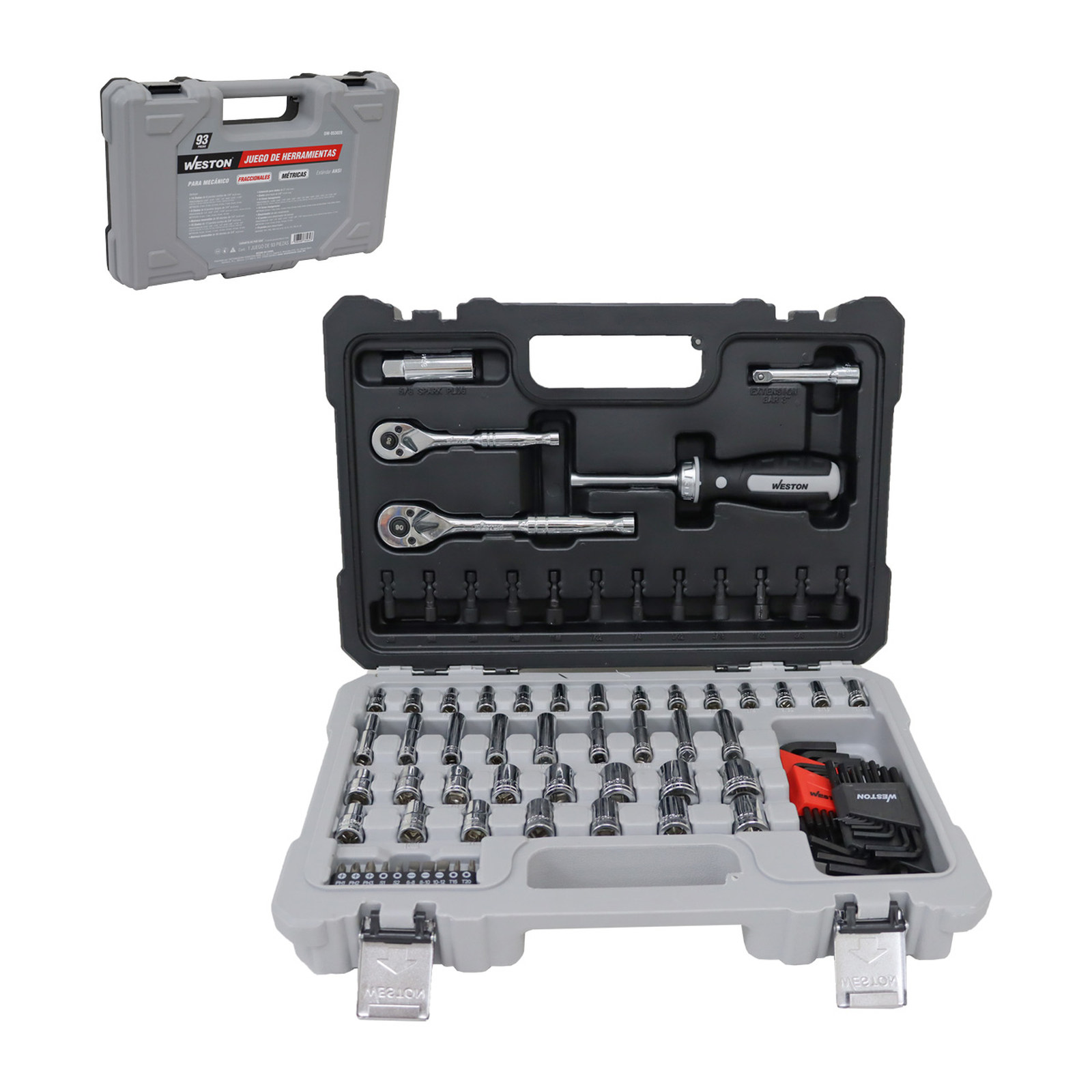 Juego de 93 Herramientas Cuadro 1/4" y 3/8" Fraccional y Métrico para Mecánico WESTON