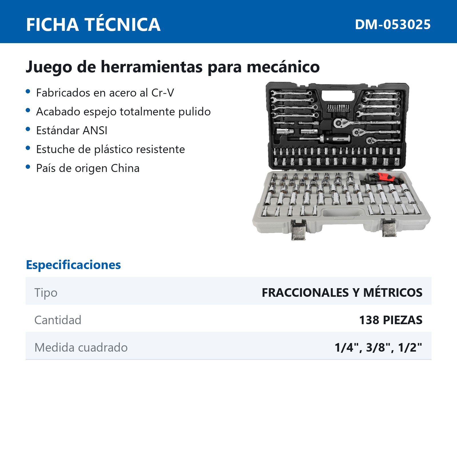 JGO. D/138 HERRAMIENTAS CUADRO 1/4", 3/8" Y 1/2" FRACC. Y METRIC. P/MECANICO - Imagen 2