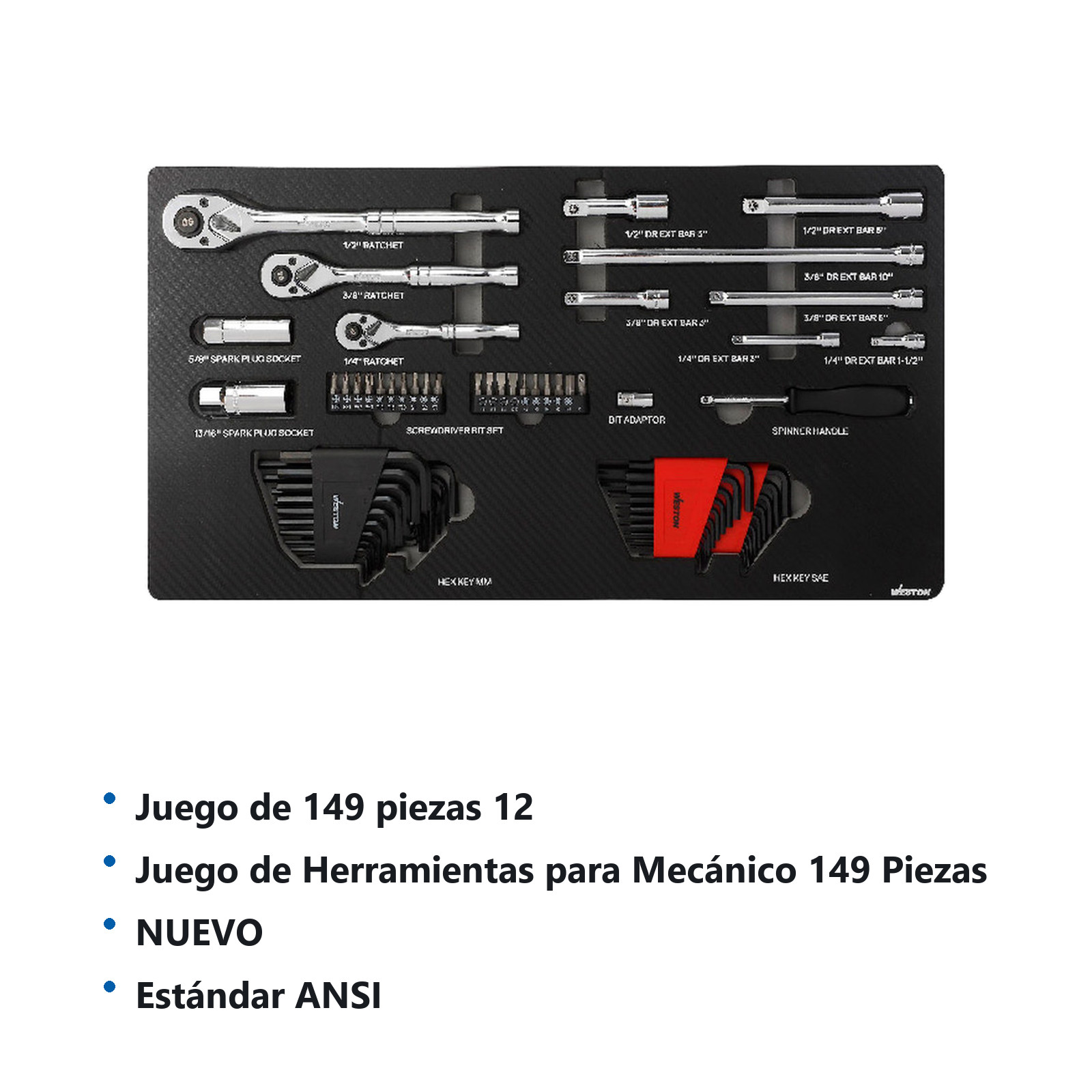 JGO. D/149 HERRAMIENTAS ORGANIZADOR D/ESPUMA CUADRO 1/4", 3/8" Y 1/2" FRACC. Y METRIC. P/MECANICO - Imagen 2