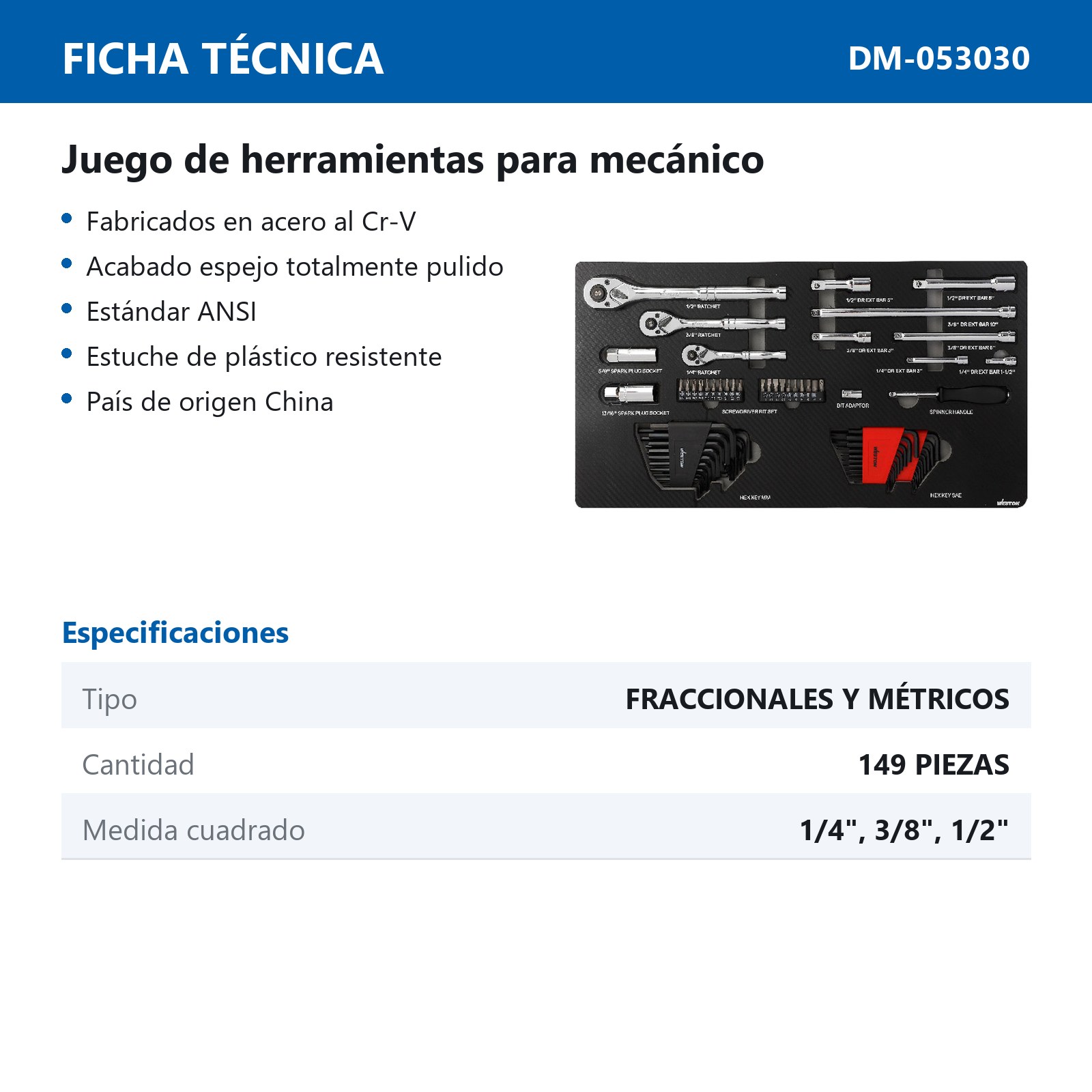 JGO. D/149 HERRAMIENTAS ORGANIZADOR D/ESPUMA CUADRO 1/4", 3/8" Y 1/2" FRACC. Y METRIC. P/MECANICO - Imagen 2
