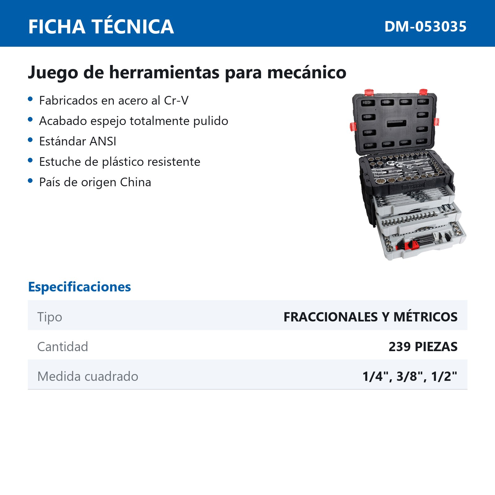 JGO. D/239 HERRAMIENTAS CUADRO 1/4", 3/8" Y 1/2" FRACC. Y METRIC. P/MECANICO - Imagen 2