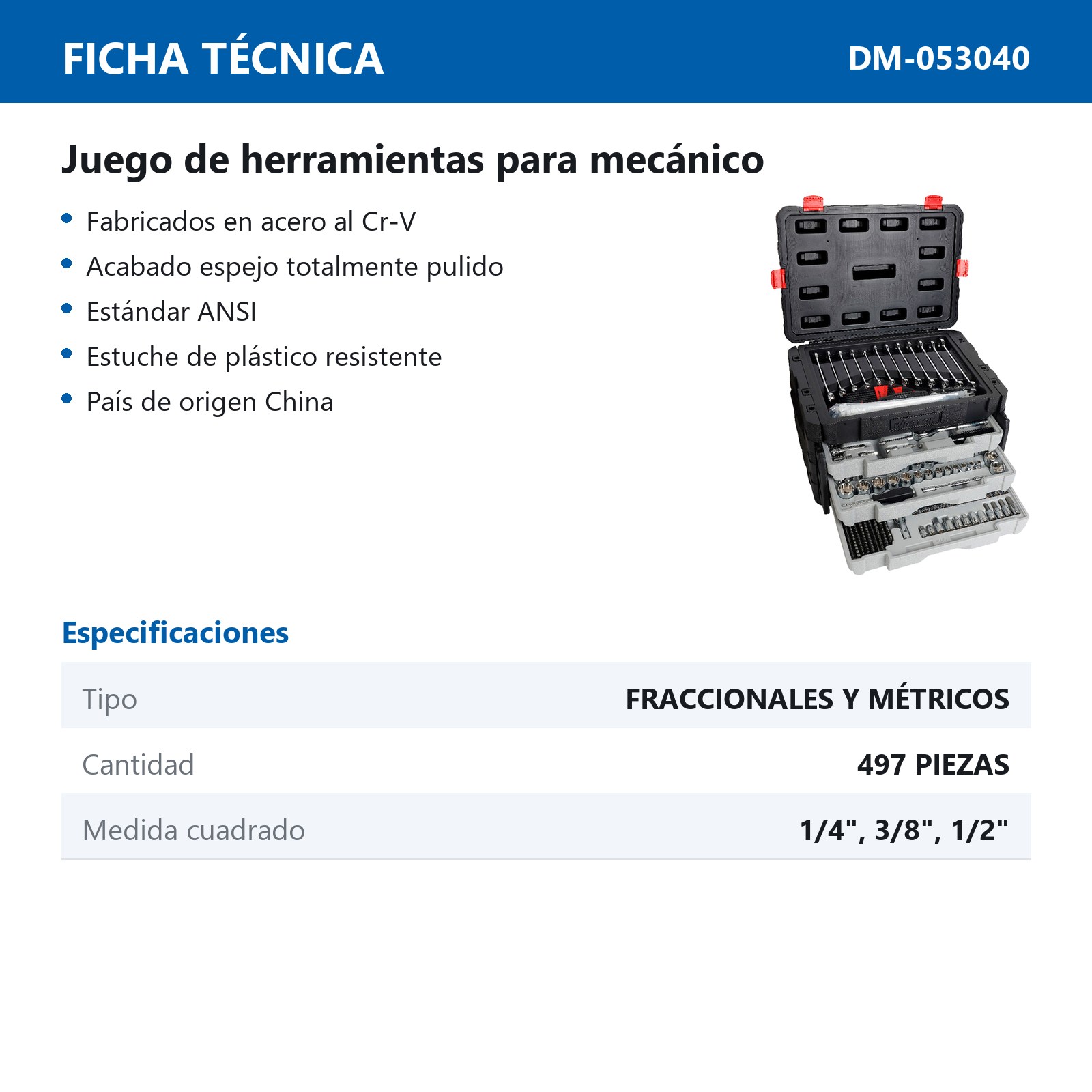 JGO. D/497 HERRAMIENTAS CUADRO 1/4", 3/8" Y 1/2" FRACC. Y METRIC. P/MECANICO - Imagen 4