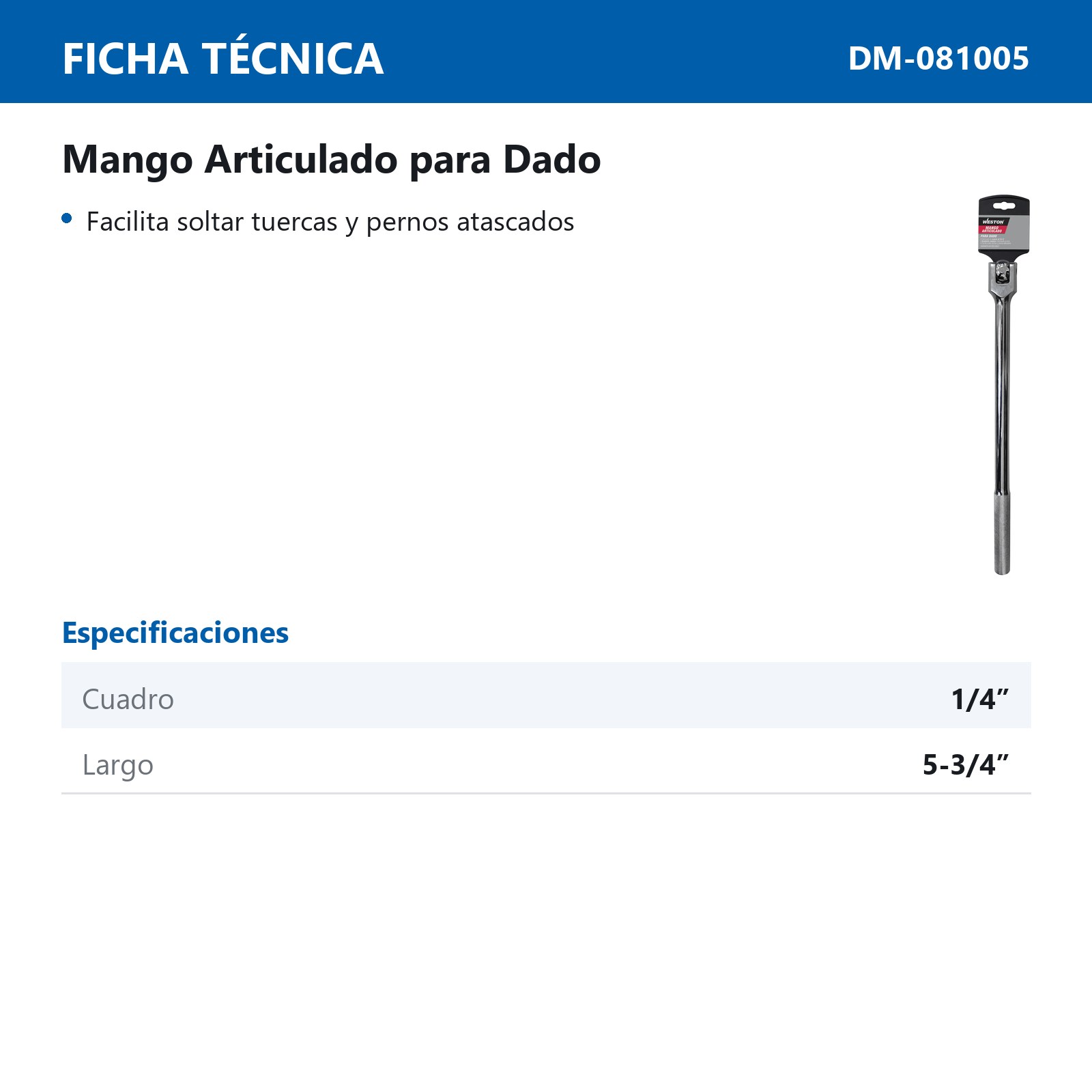 MANGO ARTICULADO 5-3/4" (150MM) LARGO P/DADO CUADRO 1/4" - Imagen 2