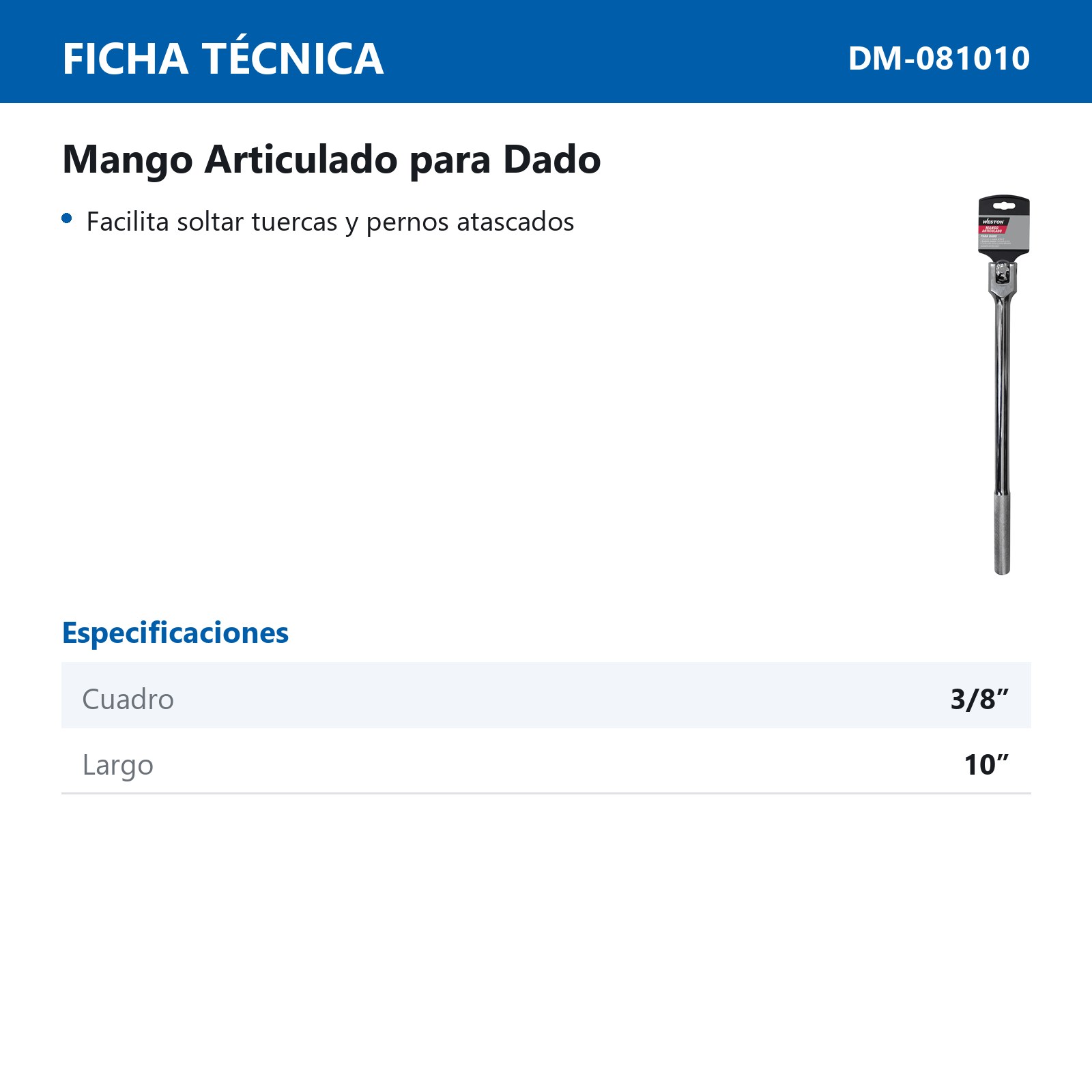 MANGO ARTICULADO 10" (250MM) LARGO P/DADO CUADRO 3/8" - Imagen 2
