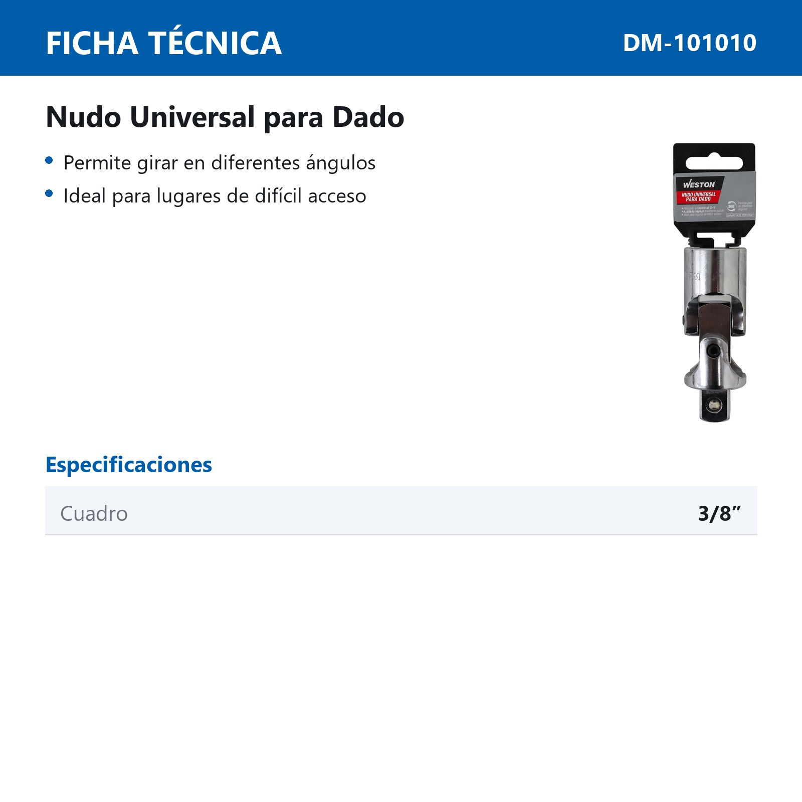 NUDO UNIVERSAL P/DADO CUADRO 3/8" - Imagen 2