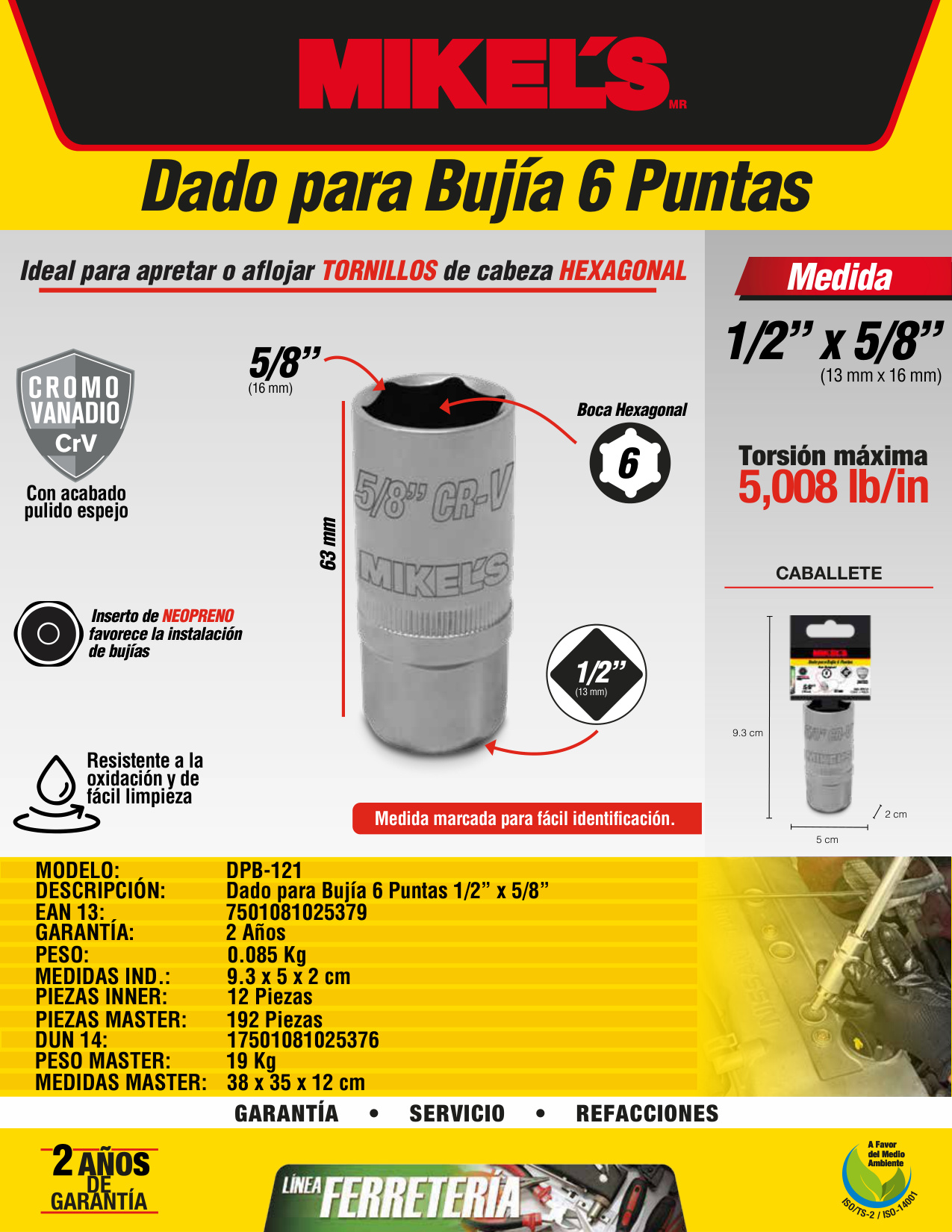 MIKELS DPB-121 Dado para bujía 6 puntas 1/2” X 5/8” - Imagen 2