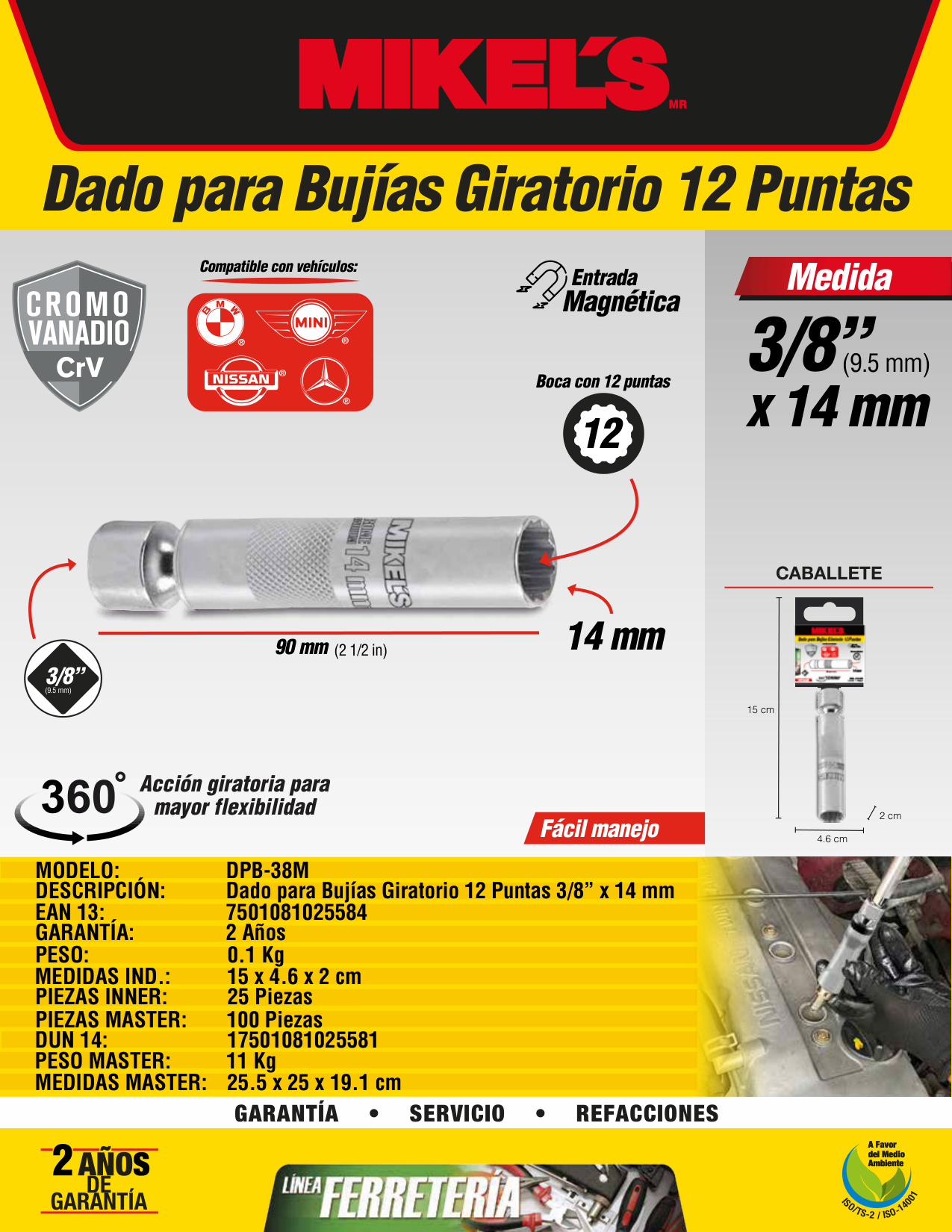 MIKELS DPB-38M Dado para bujías giratorio, 12 Puntas (3/8" X 14 mm) - Imagen 2