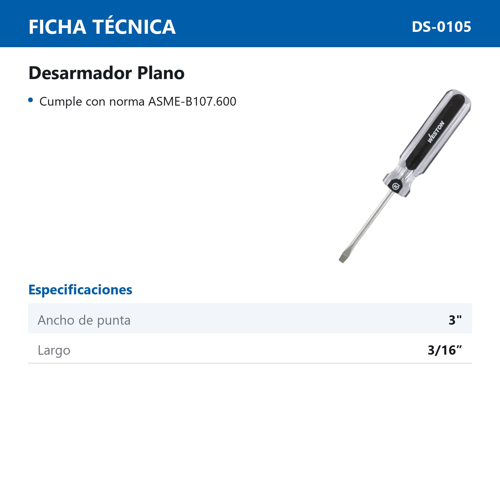 DESARMADOR PLANO 3/16 X 3" MANGO PVC ASME-B107.600 (CAJA C/6 PZAS - PRECIO X PIEZA) - Imagen 3